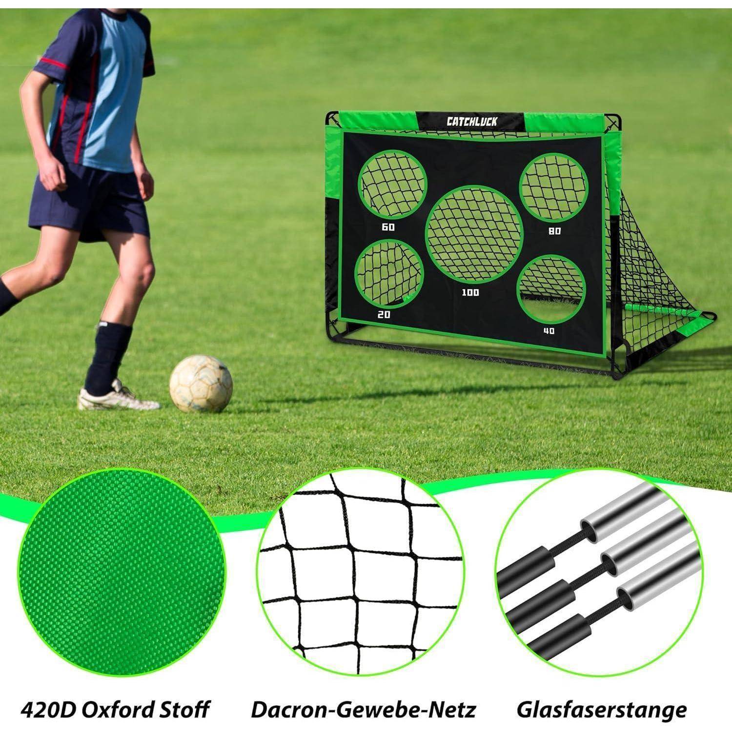 Eine Person in Sportkleidung schießt einen Fußball auf ein Übungszielnet mit beschrifteten Zonen: '100', '80', '60', '40', '20'.
