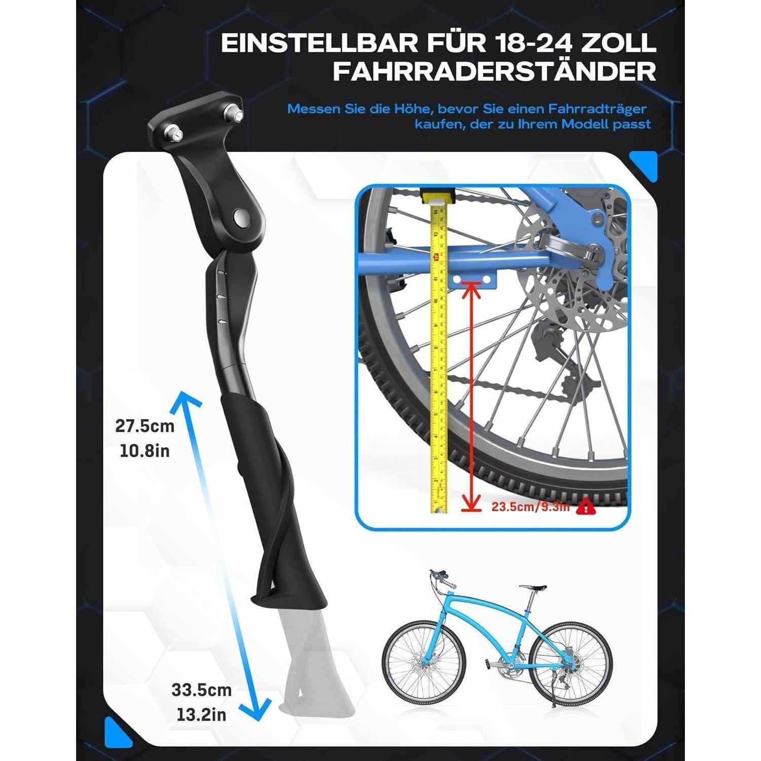 Verstellbarer Fahrrad-Seitenständer für 18-24 Zoll Räder mit Höhenverstellung von 23,5 cm bis 39 cm, Gesamtlänge 33,5 cm