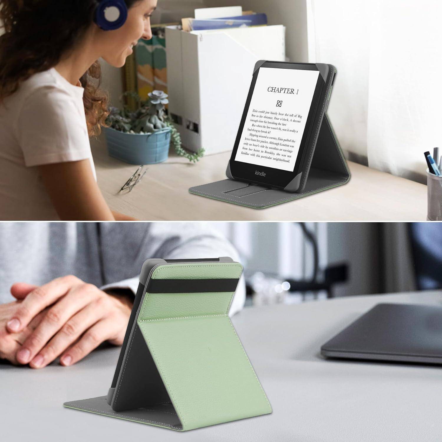 Person mit Kopfhörern schaut auf einen E-Reader, auf dem 