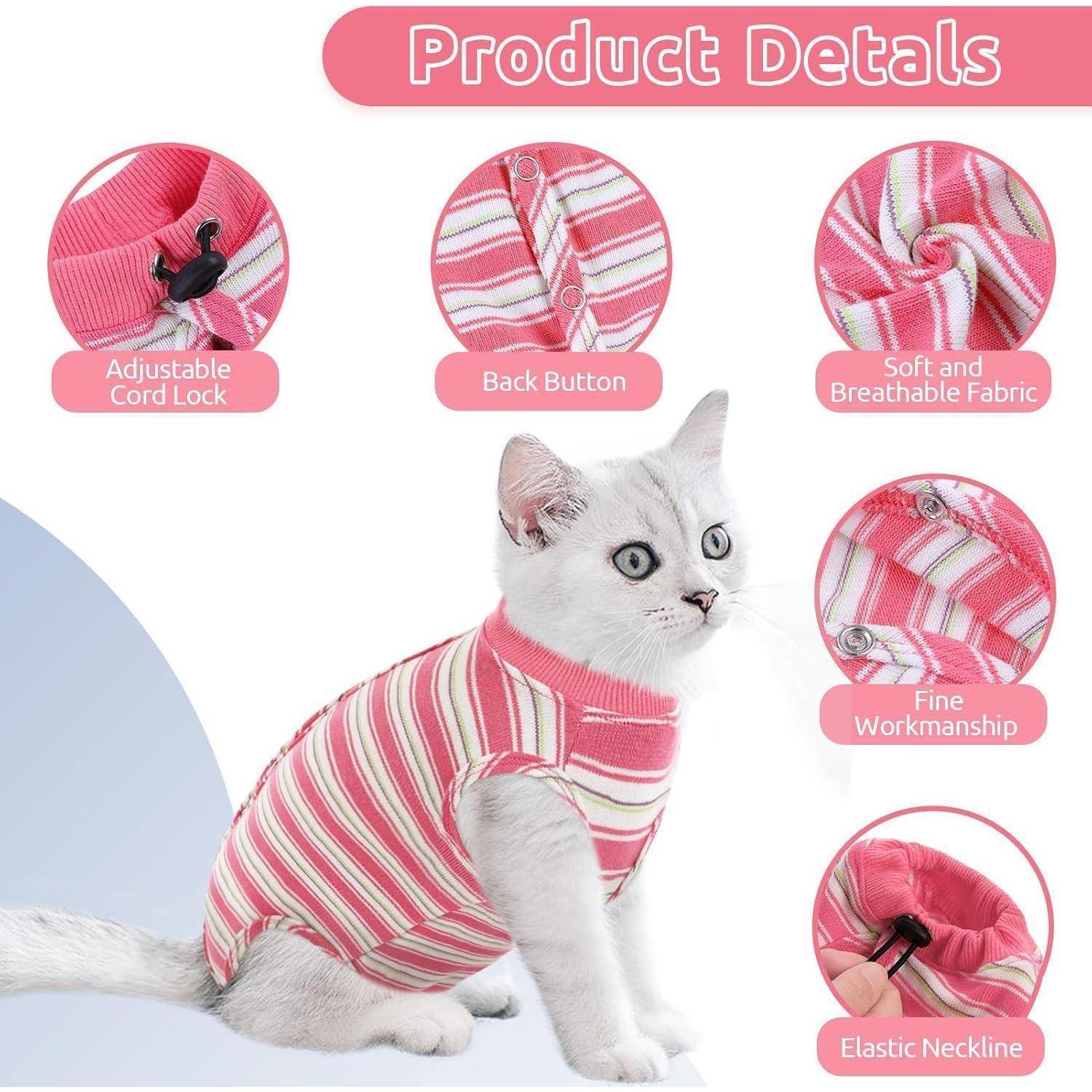 Weiße Katze trägt ein rosa-weiß gestreiftes Shirt mit verstellbarer Kordelstopper, Rückenknopf, weichem Stoff, feiner Verarbeitung und elastischem Kragen.