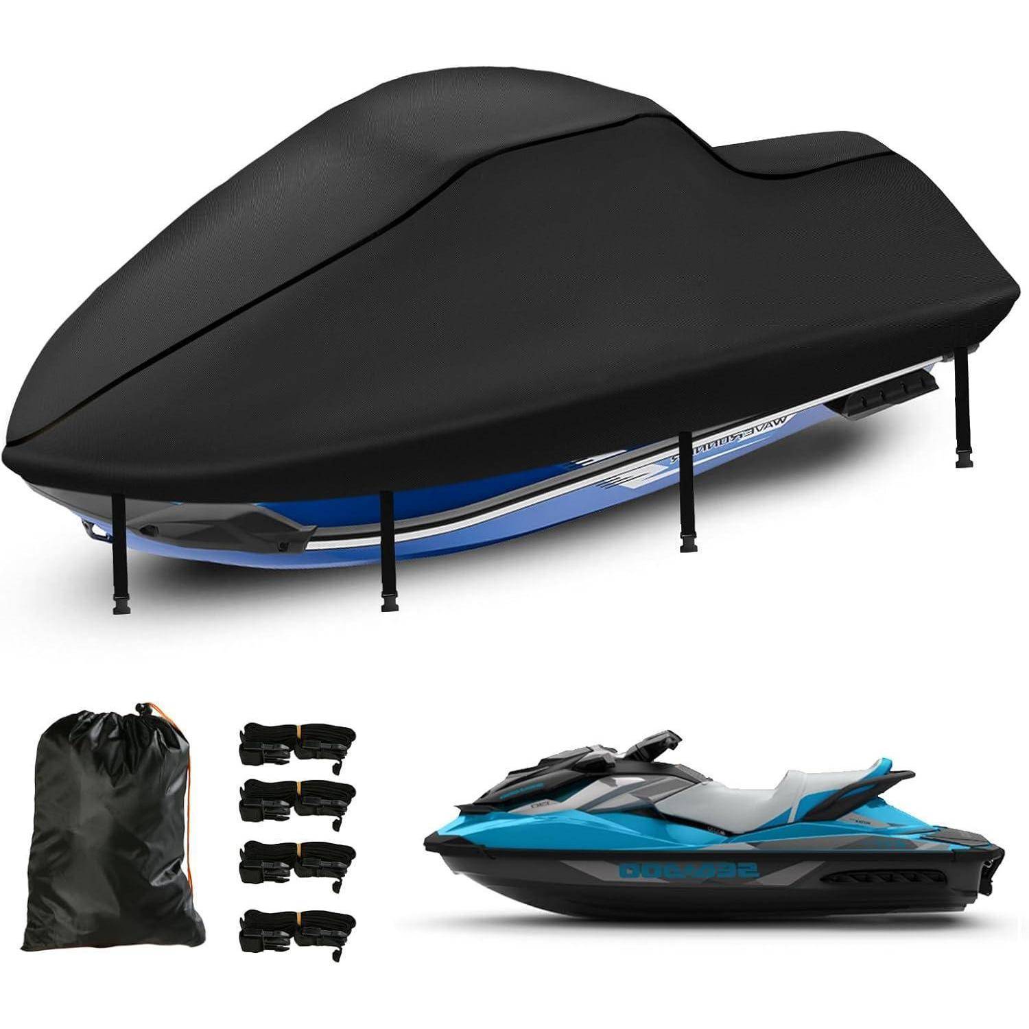 Jet-Ski-Abdeckset mit einer schwarzen Abdeckung auf einem blau-weißen Jet-Ski, Spanngurte und Aufbewahrungstasche inklusive.