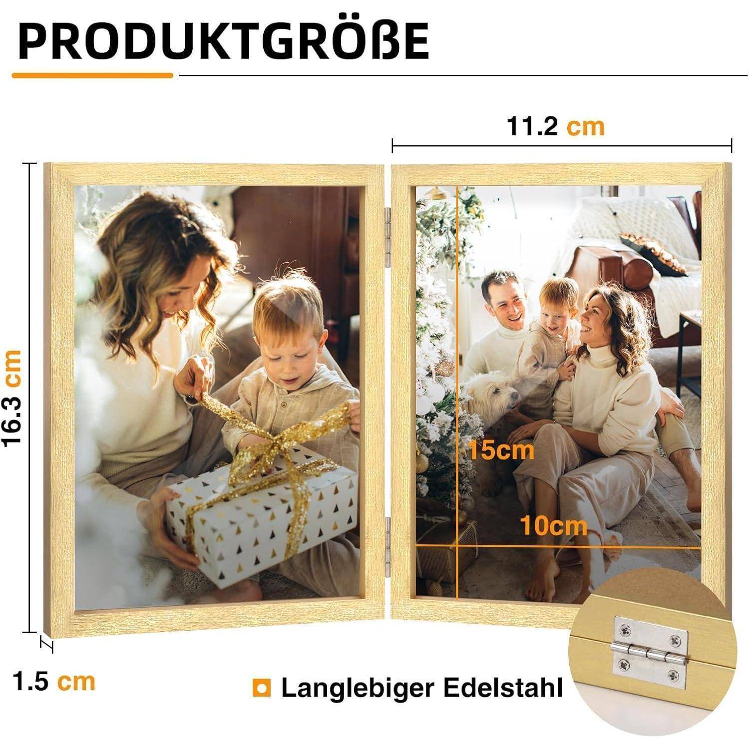 Die Anzeige der 'Produktgröße' zeigt die Abmessungen eines Doppelbilderrahmens: 16,3 cm Höhe, 11,2 cm Breite und 1,5 cm Tiefe. Ausgestattet mit Details aus Edelstahl.