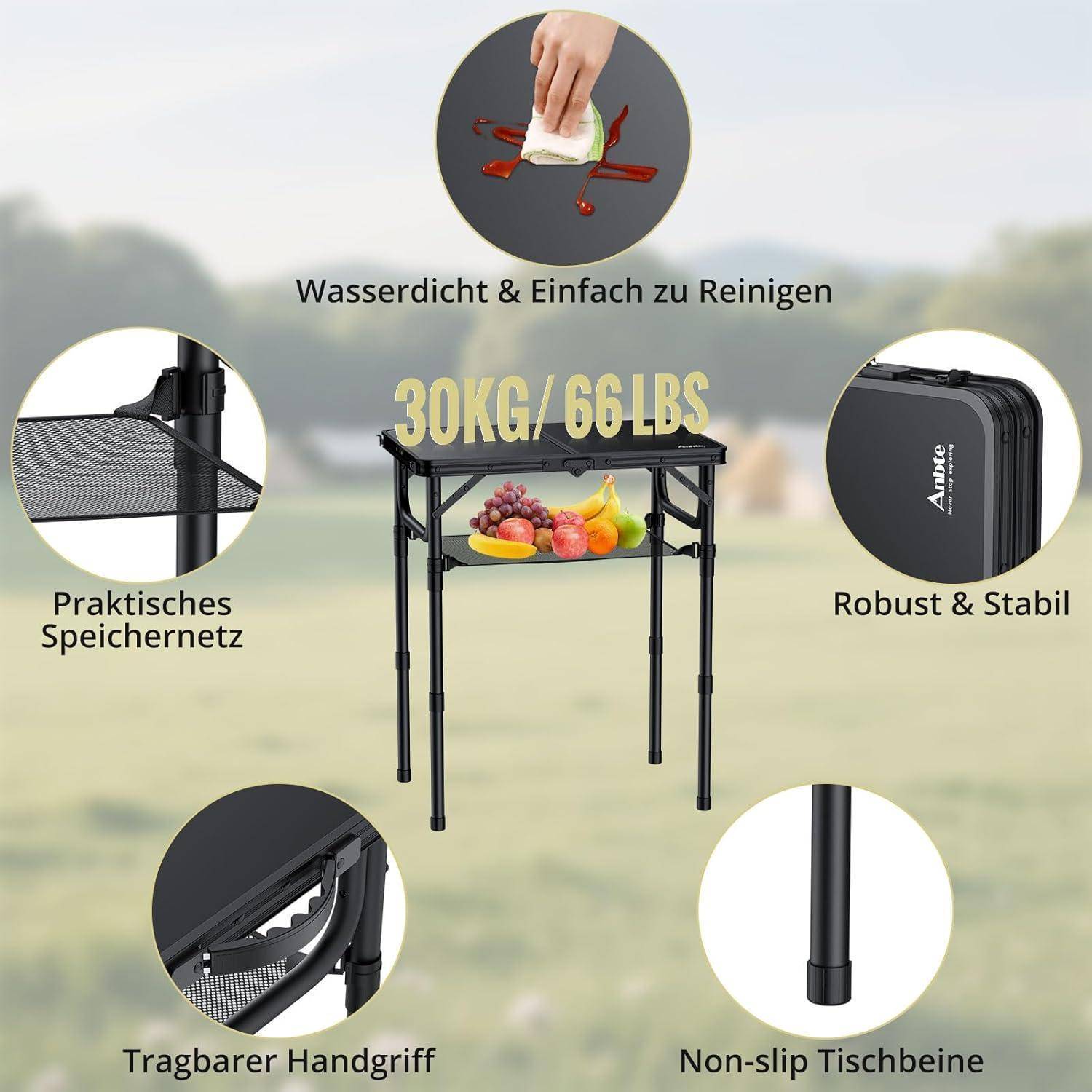 Campingtisch Klappbar 60x40cm Aluminium Höhenverstellbar Ganz Schwarz