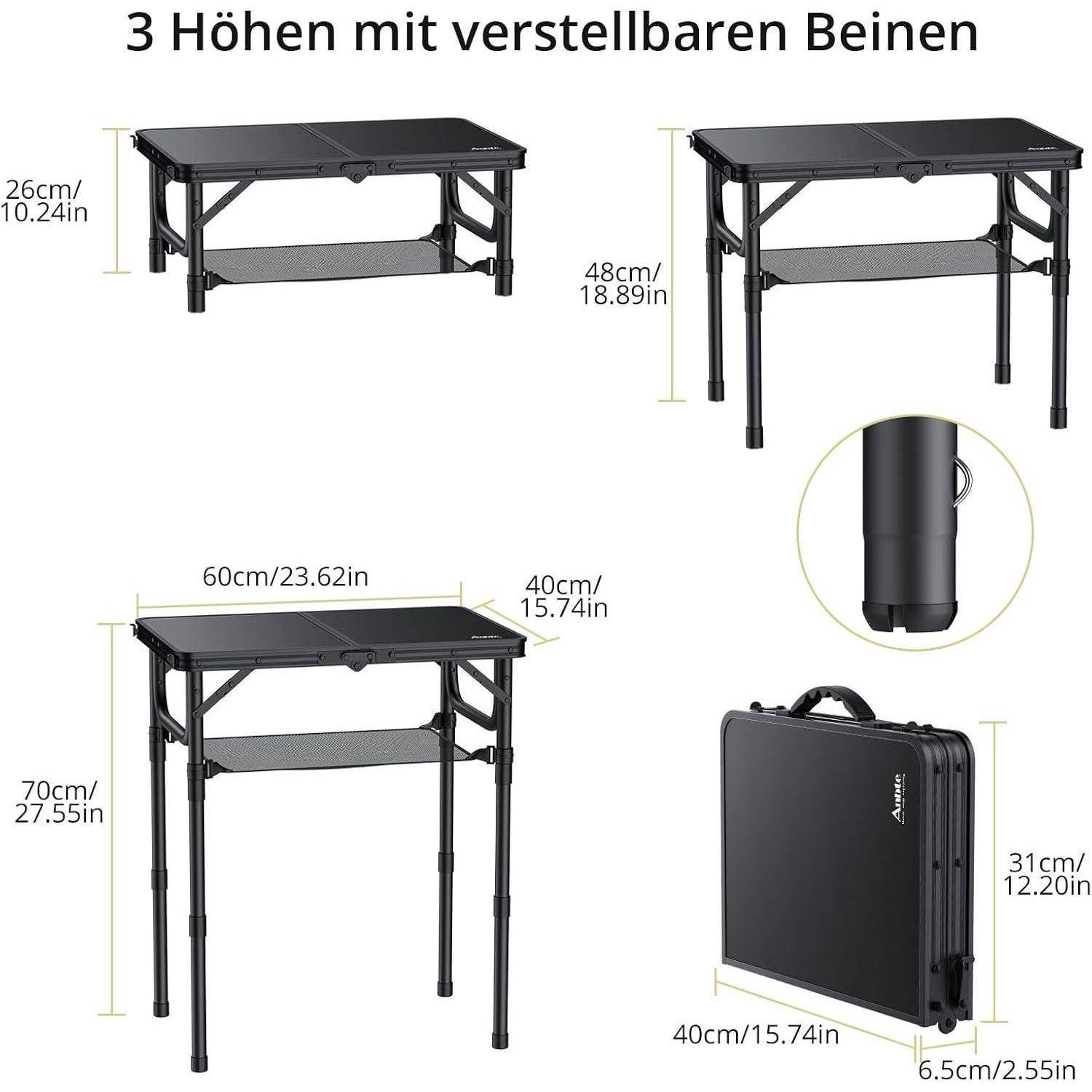 Campingtisch Klappbar 60x40cm Aluminium Höhenverstellbar Ganz Schwarz