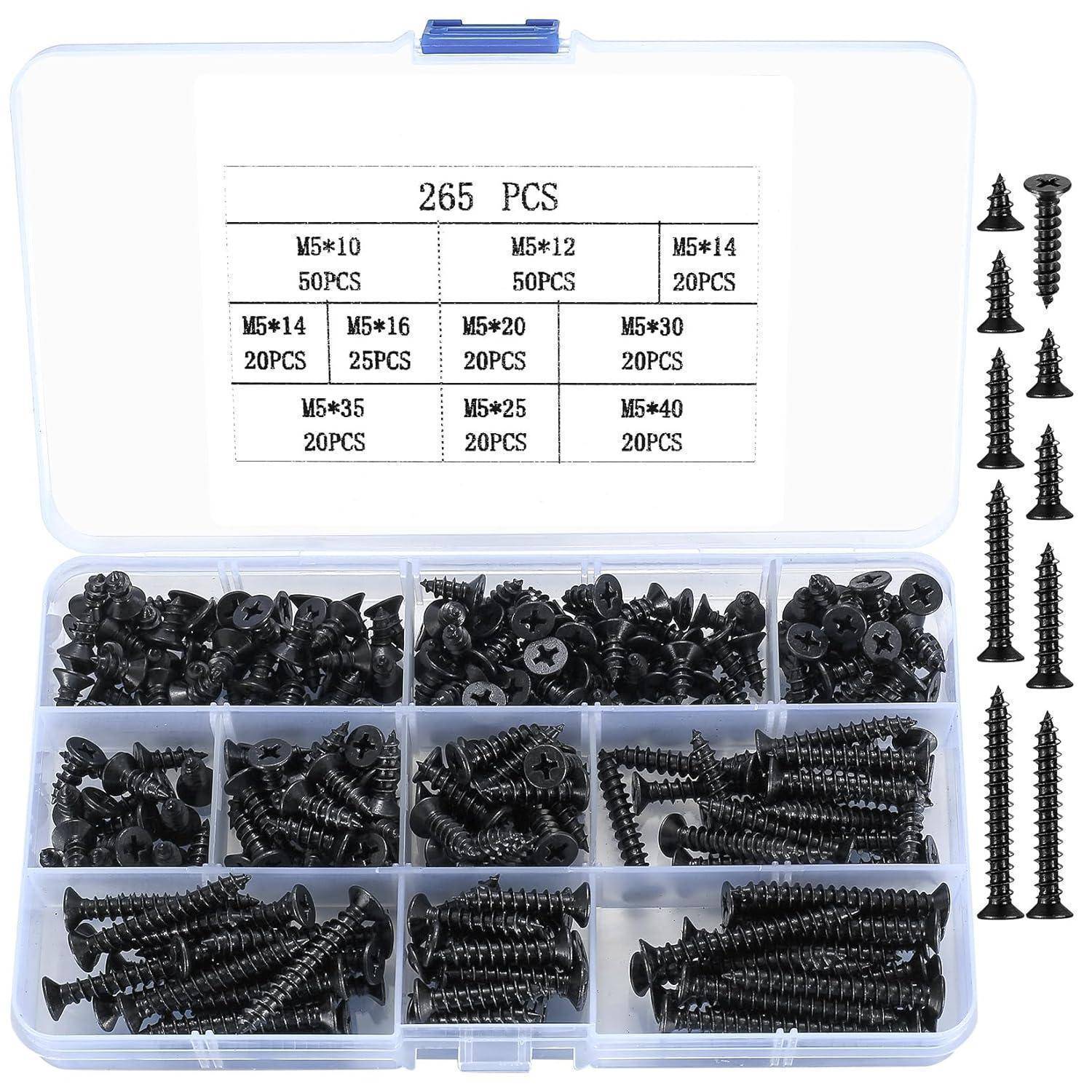 Eine durchsichtige Kunststoffbox mit Fächern enthält verschiedene schwarze Schrauben unterschiedlicher Größen, mit der Beschriftung '265 PCS' und einer Inhaltsliste darüber.