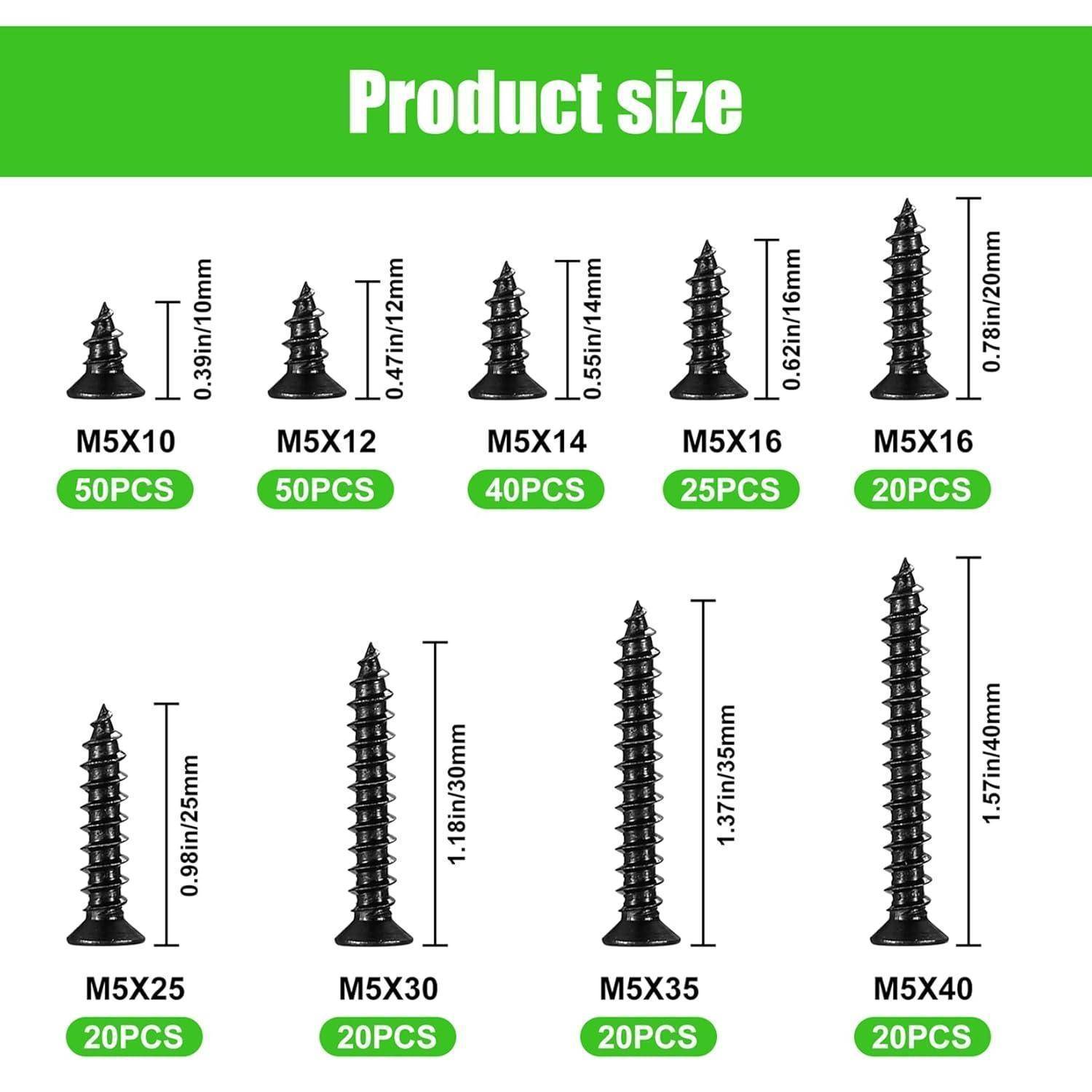 Produktgrößen'-Tabelle mit Schrauben: M5X10, M5X12, M5X14, M5X16, M5X20, M5X25, M5X30, M5X35, M5X40, mit Mengen: 50, 50, 40, 25, 20, 25, 20, 20, 20 Stück entsprechend.