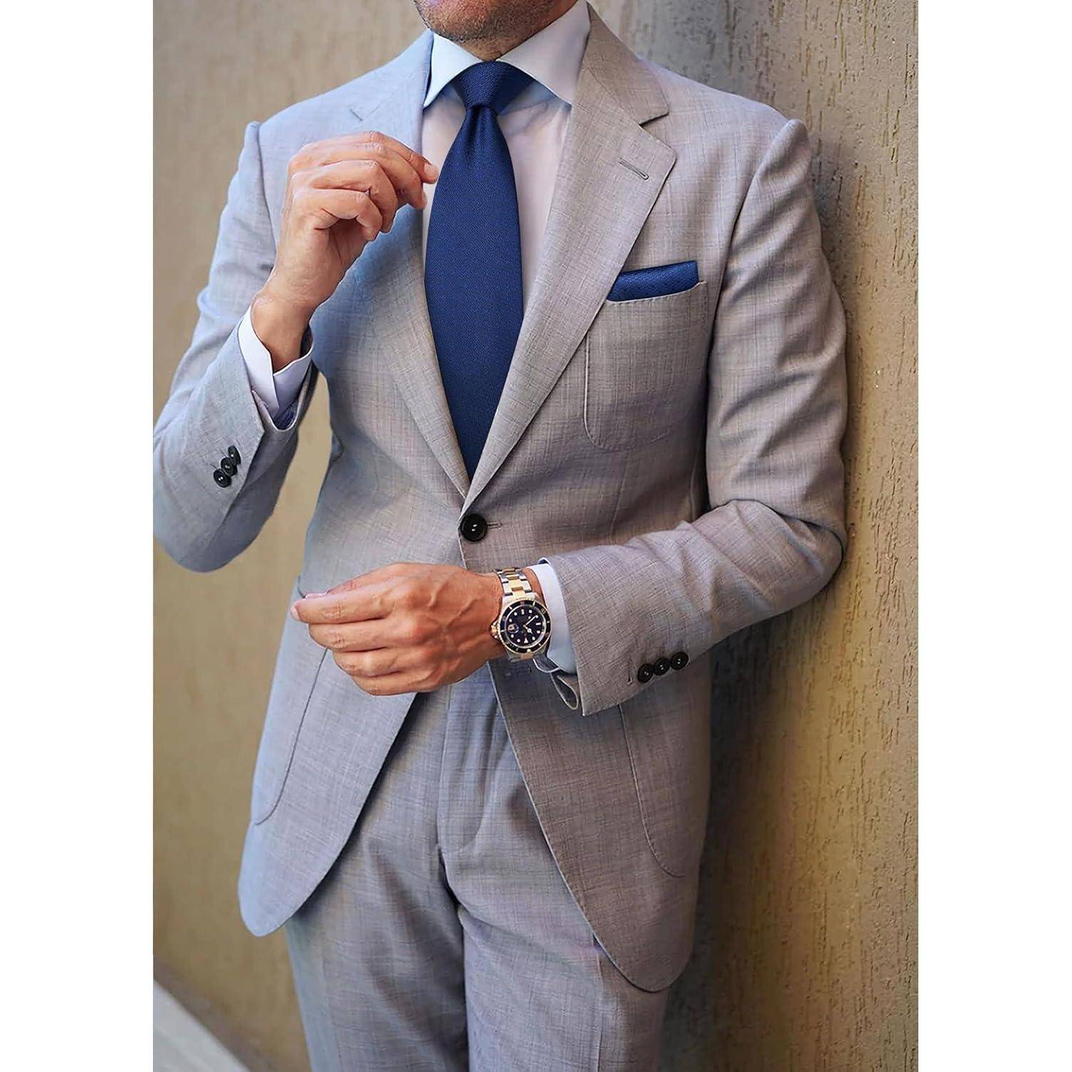 Krawatte Herren Hochzeit kariert Einstecktuch Set Blumen Marineblau 4
