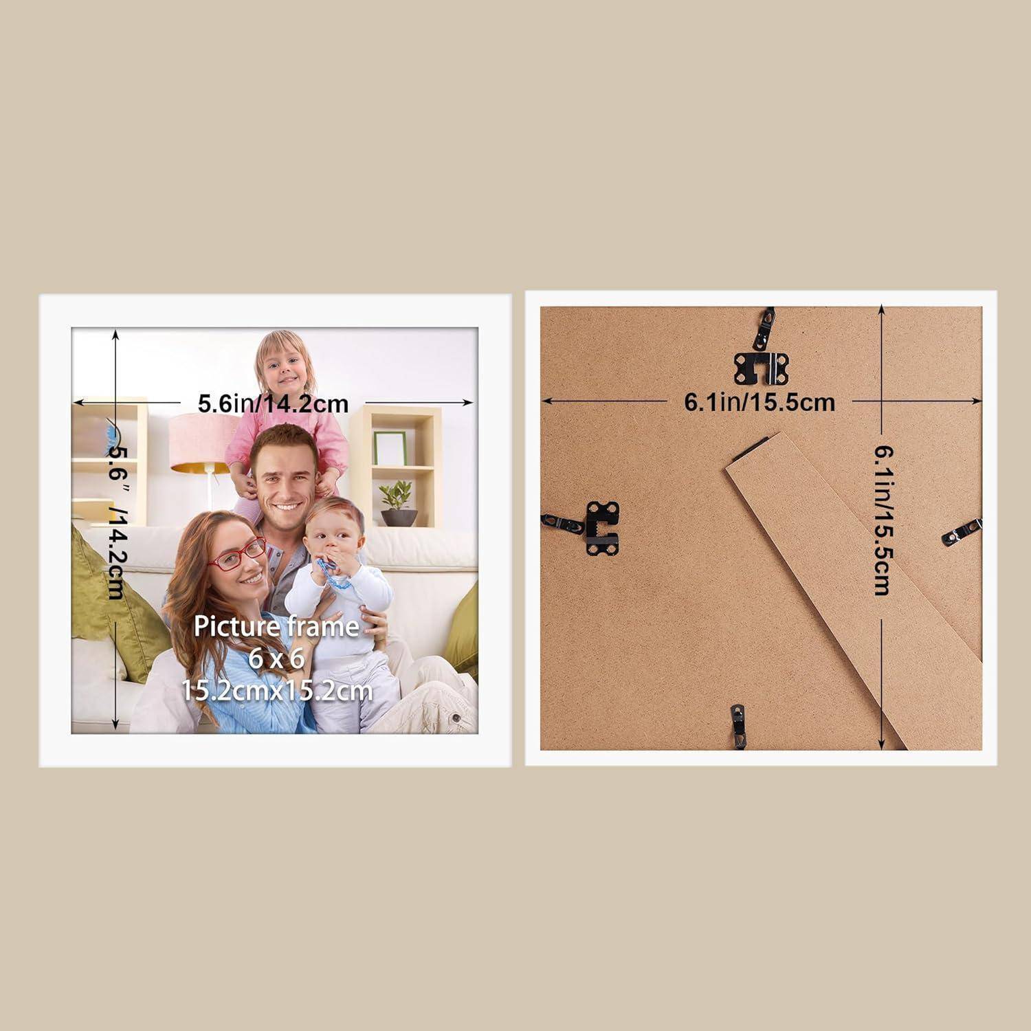 Bilderrahmen 6 x 6 Zoll (15,2 x 15,2 cm) mit einem Familienfoto im Inneren. Rückansicht zeigt Abmessungen und Befestigungsmerkmale.