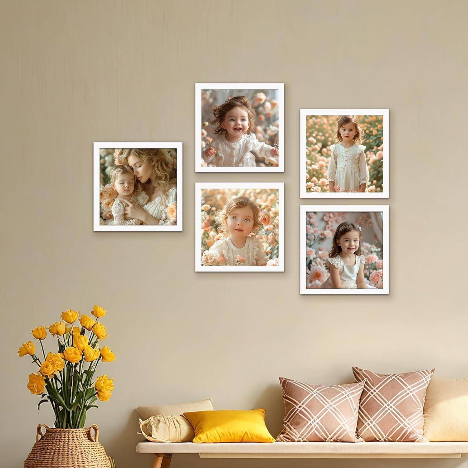 Eine Wohnzimmerwand, auf der fünf gerahmte Fotos eines jungen Mädchens zu sehen sind, das einen Garten genießt, mit einer Vase gelber Blumen und Kissen darunter.