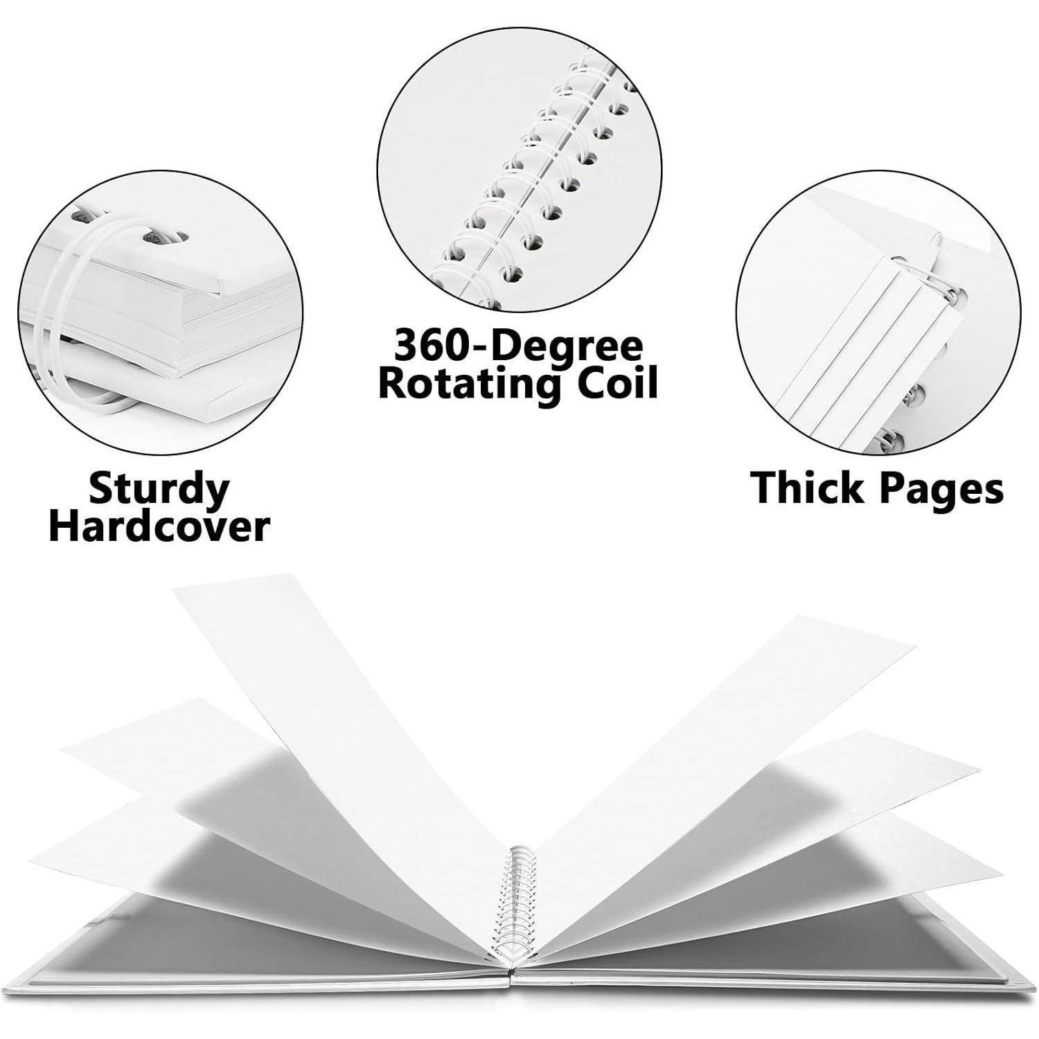 Notizbuch mit robustem Hardcover, 360-Grad-drehbarer Spiralbindung und dicken Seiten. Drei eingesetzte Bilder heben diese Eigenschaften hervor.