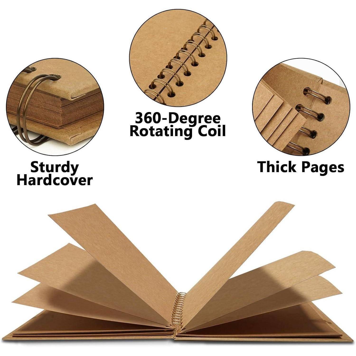 Geöffnetes braunes Notizbuch mit stabilem Hardcover, dicken Seiten und einer um 360 Grad drehbaren Spiralbindung, aufrecht stehend und leicht aufgefächert.