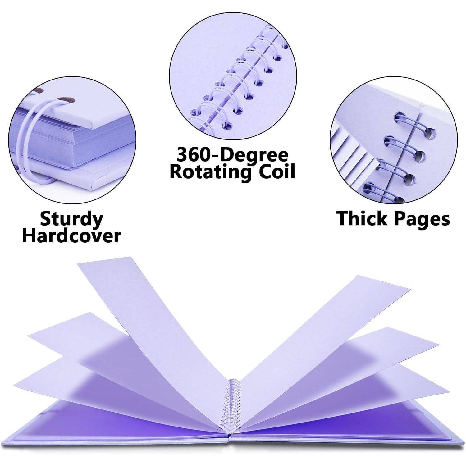 Öffnen Sie ein Lavendel-Notizbuch mit 360-Grad-Drehspiral, robustem Hardcover und dicken Seiten. Hervorgehobene Funktionen im Text.