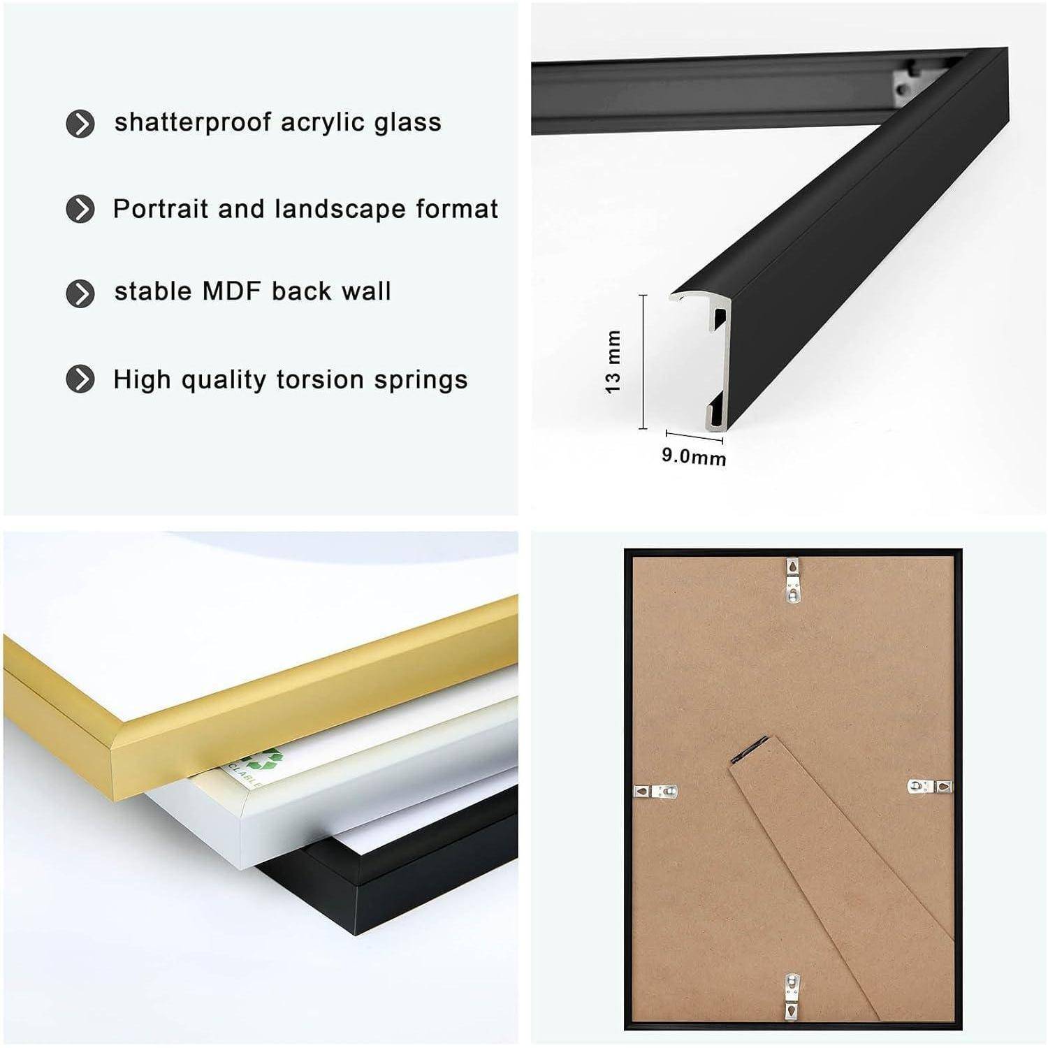 Zu den Eigenschaften des Fotorahmens gehören splitterfreies Acrylglas, Nutzung im Hoch- und Querformat, stabiler MDF-Rücken und hochwertige Torsionsfedern.