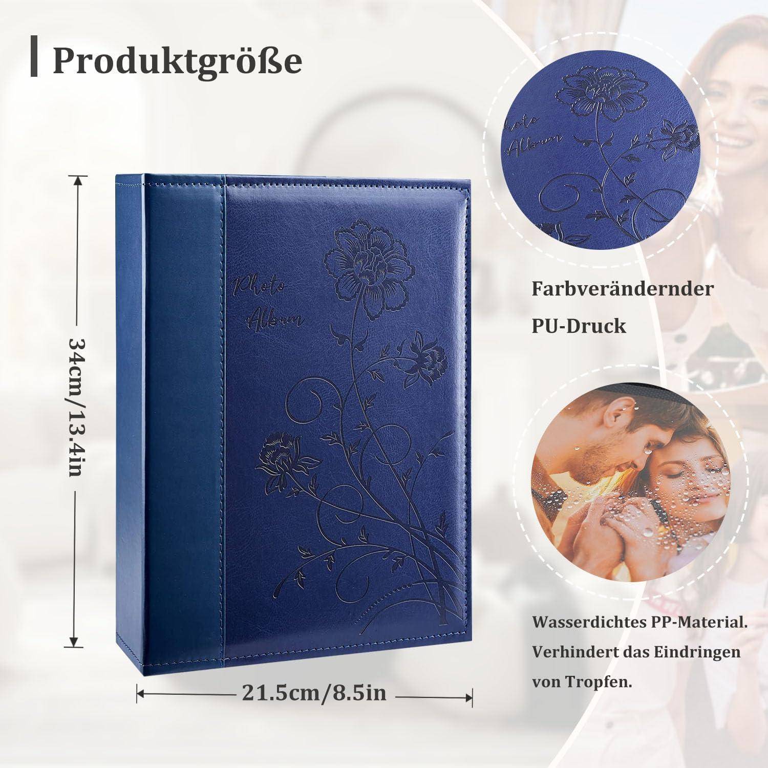 Blaues Fotoalbum mit floraler Prägemusterung, misst 34 cm x 21,5 cm. Ausgestattet mit farbwechselndem PU-Druck und wasserbeständigem PP-Material.