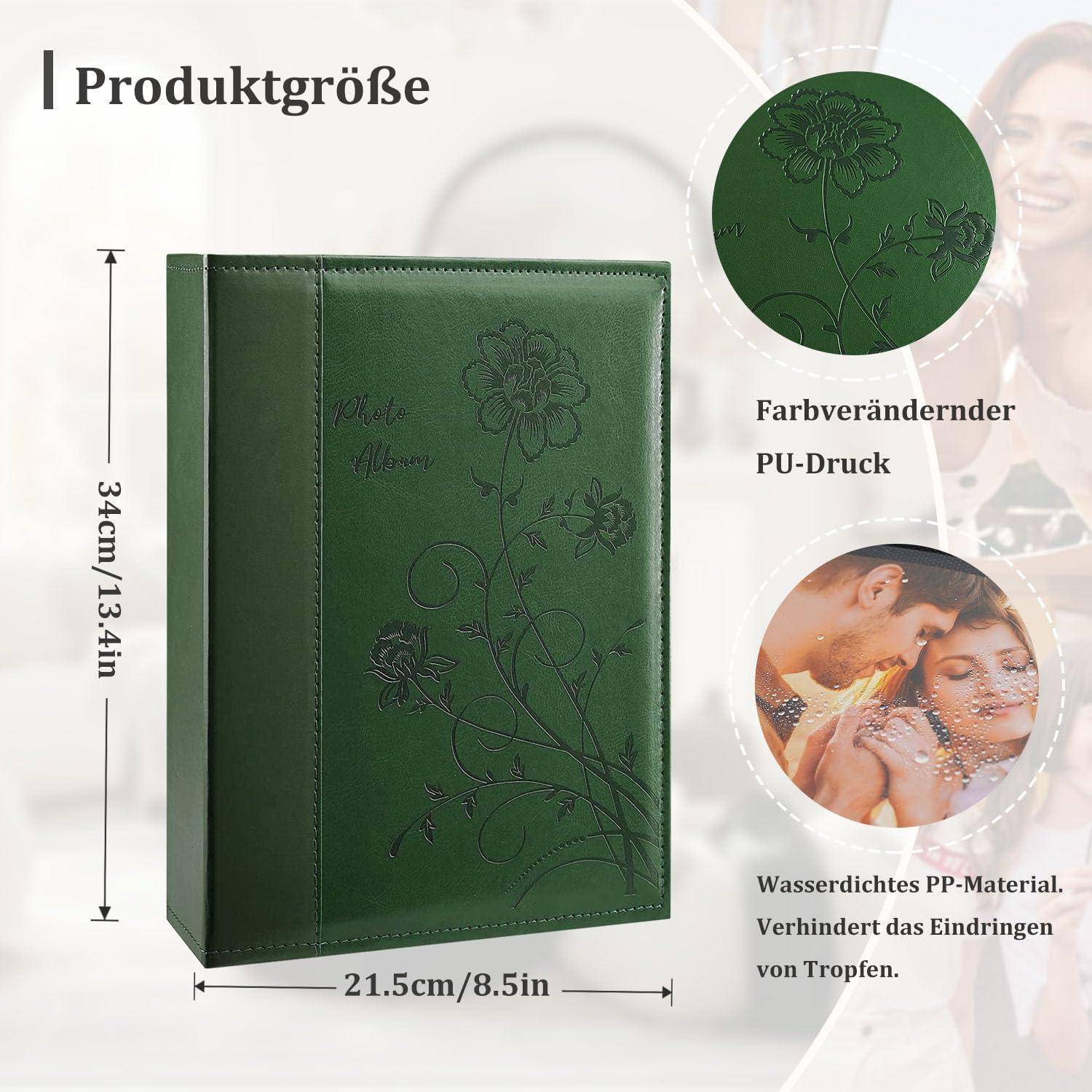 Produktgröße: Fotoalbum mit grünem Blumenmuster, Abmessungen 34 cm x 21,5 cm. Ausgestattet mit farbwechselndem PU-Druck und wasserfestem PP-Material.