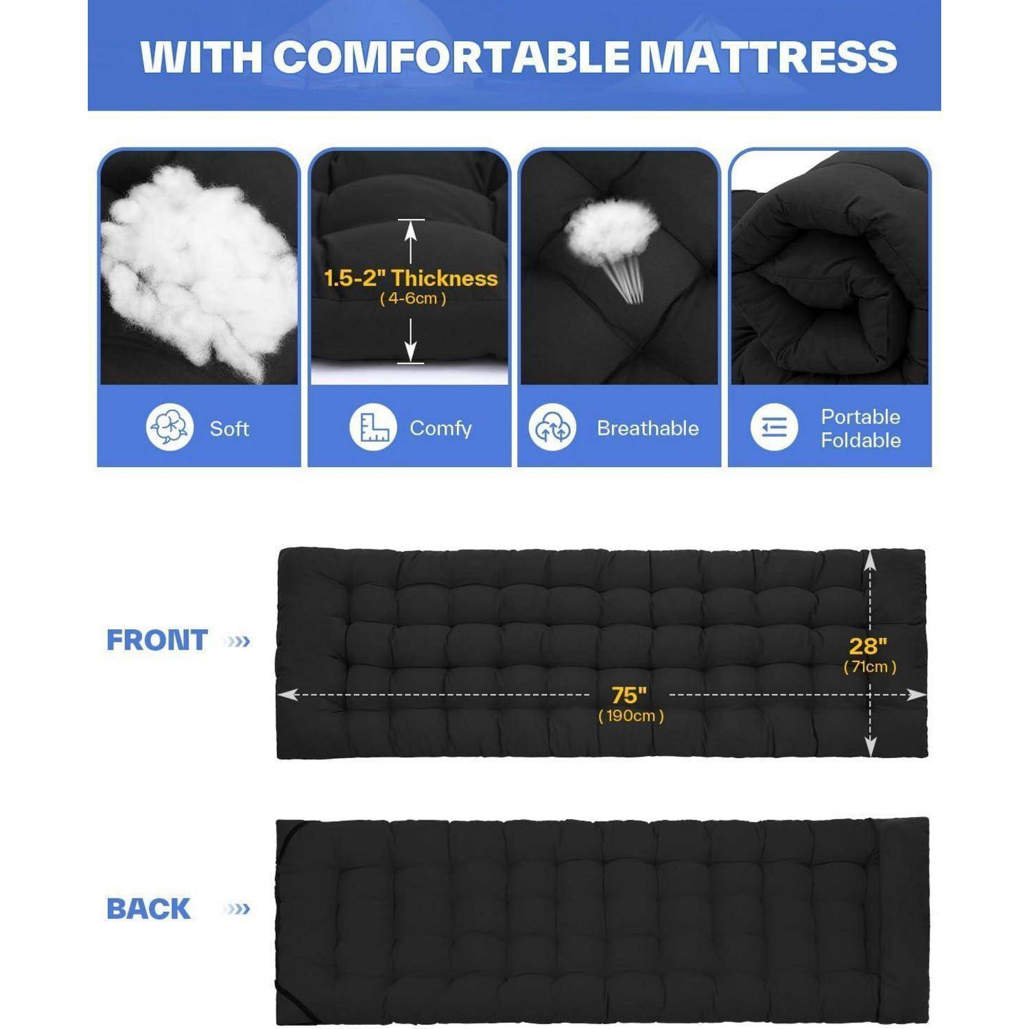 Feldbett Klappbett Matratze Campingbett Tragfähigkeit schwarz schwarz
