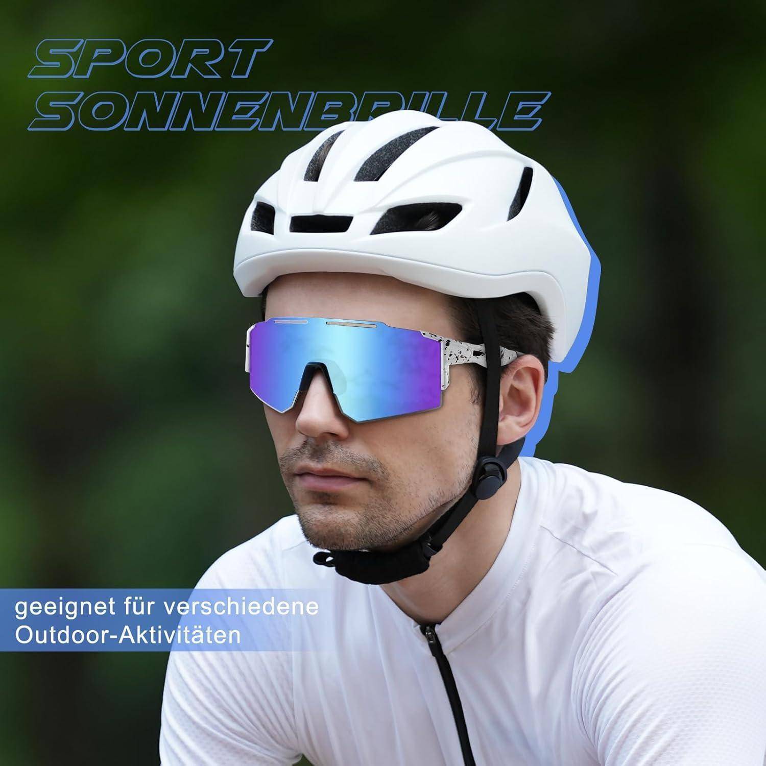 Eine Person trägt einen Helm und reflektierende Sport-Sonnenbrille, geeignet für verschiedene Outdoor-Aktivitäten. Text auf Deutsch: 'Sport Sonnenbrille'.