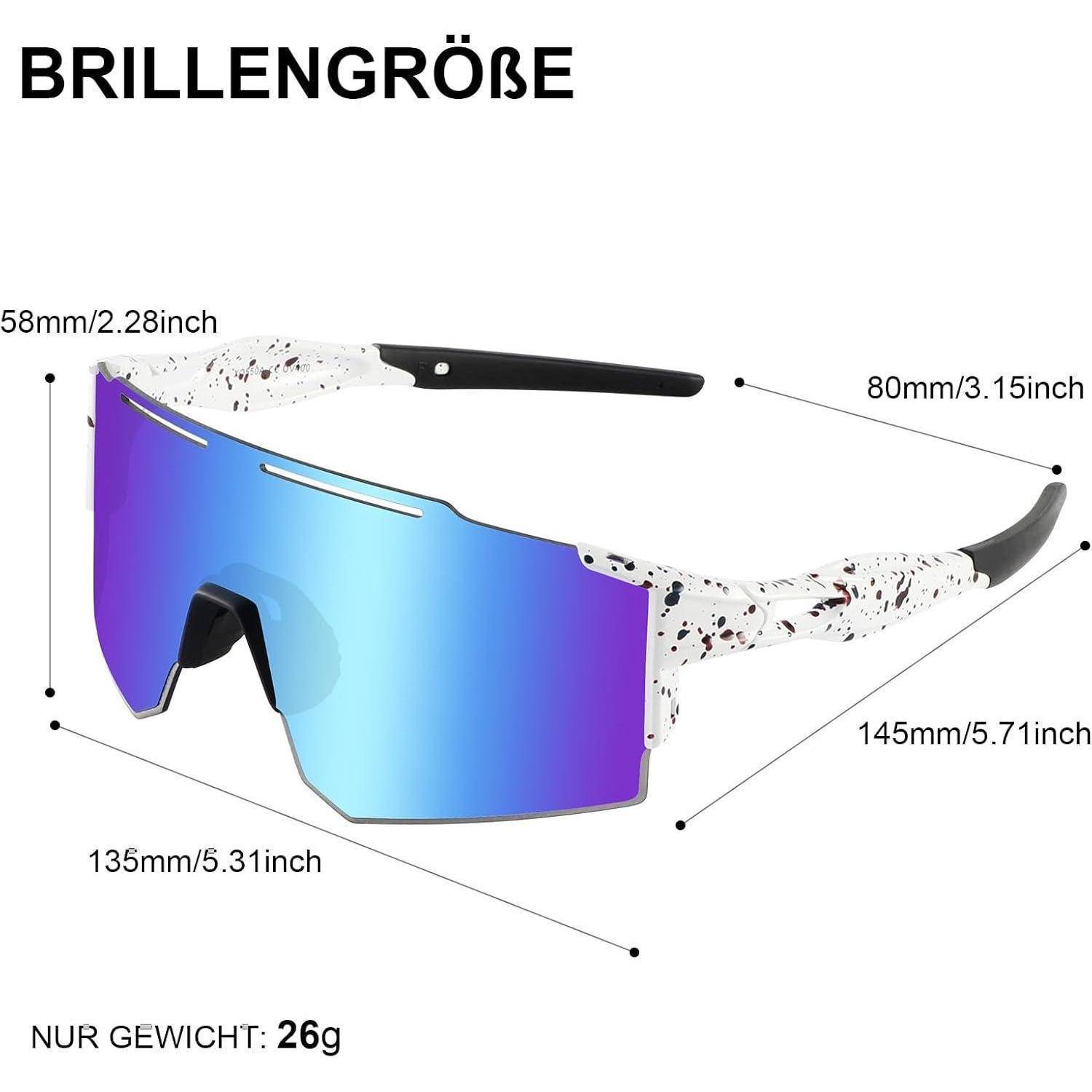 Sonnenbrillendimensionen: 58mm Höhe, 80mm Bügellänge, 145mm Gesamtlänge, 135mm Linsenbreite. Gewicht: 26g. Schwarz-weiße Fassung.