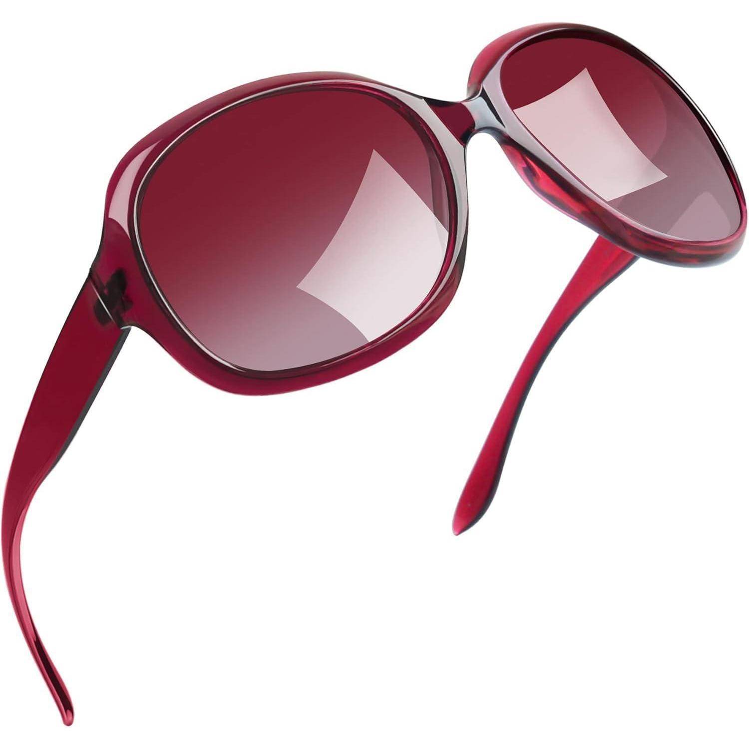 Rote Sonnenbrille mit glänzender Oberfläche, ausgestattet mit abgerundeten Gläsern und leicht geschwungenen Bügeln.