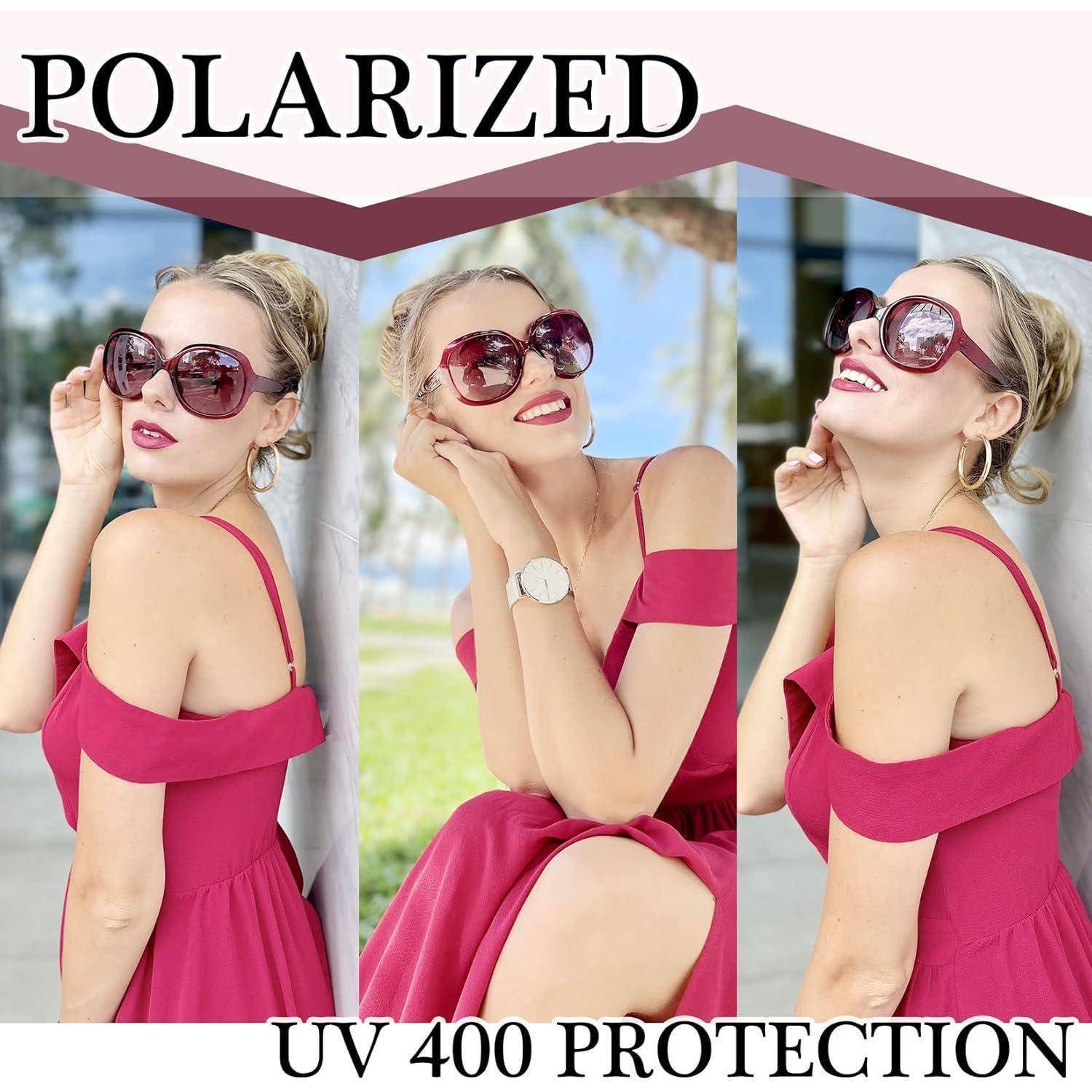 Drei Bilder einer Frau in einem pinken Kleid, die große Sonnenbrille trägt, mit der Beschriftung 