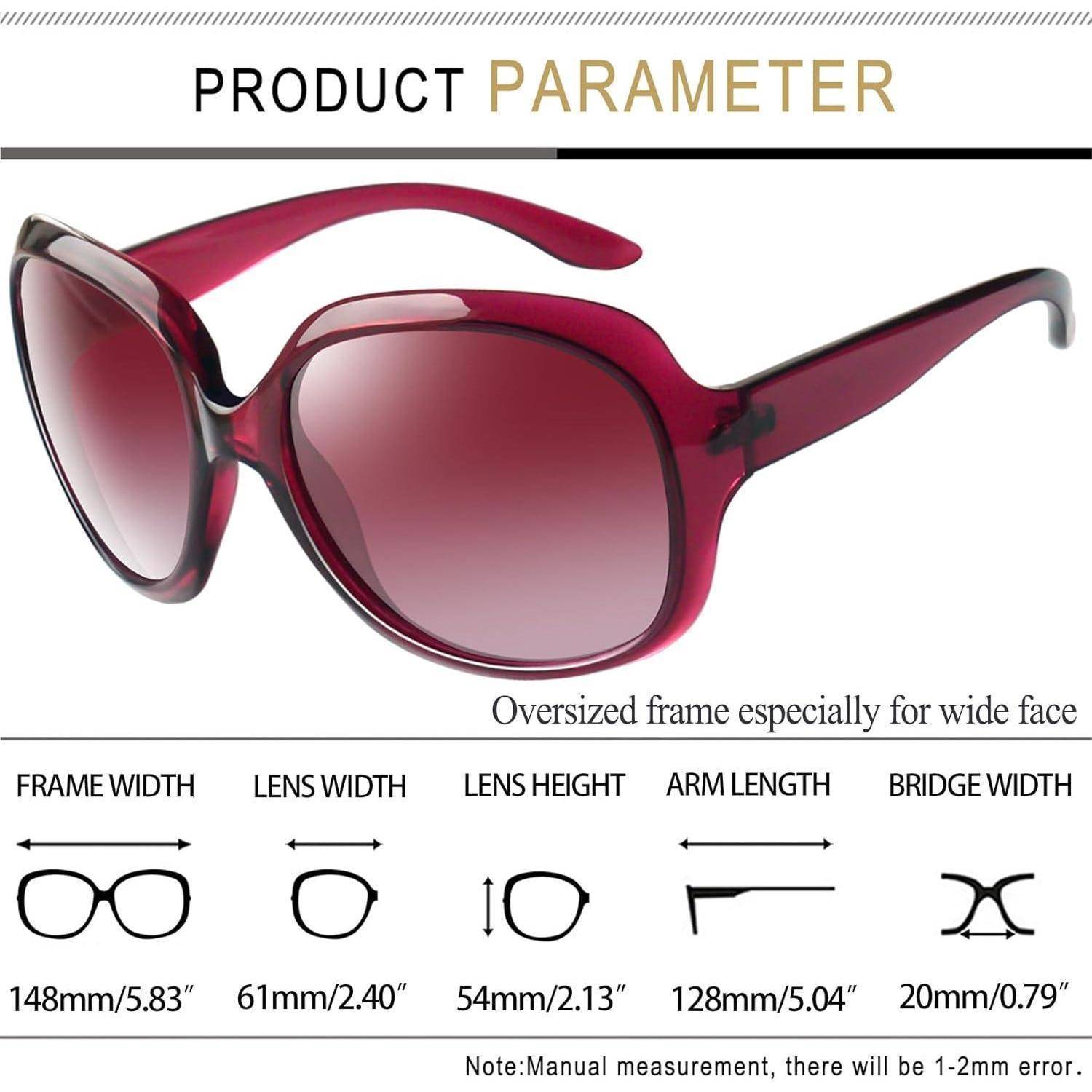 Rote Sonnenbrille mit übergroßen Rahmen, speziell für breite Gesichter konzipiert. Maße: Rahmen 148 mm, Linsenbereite 61 mm, Linsenhöhe 54 mm, Bügellänge 128 mm, Stegbreite 20 mm.