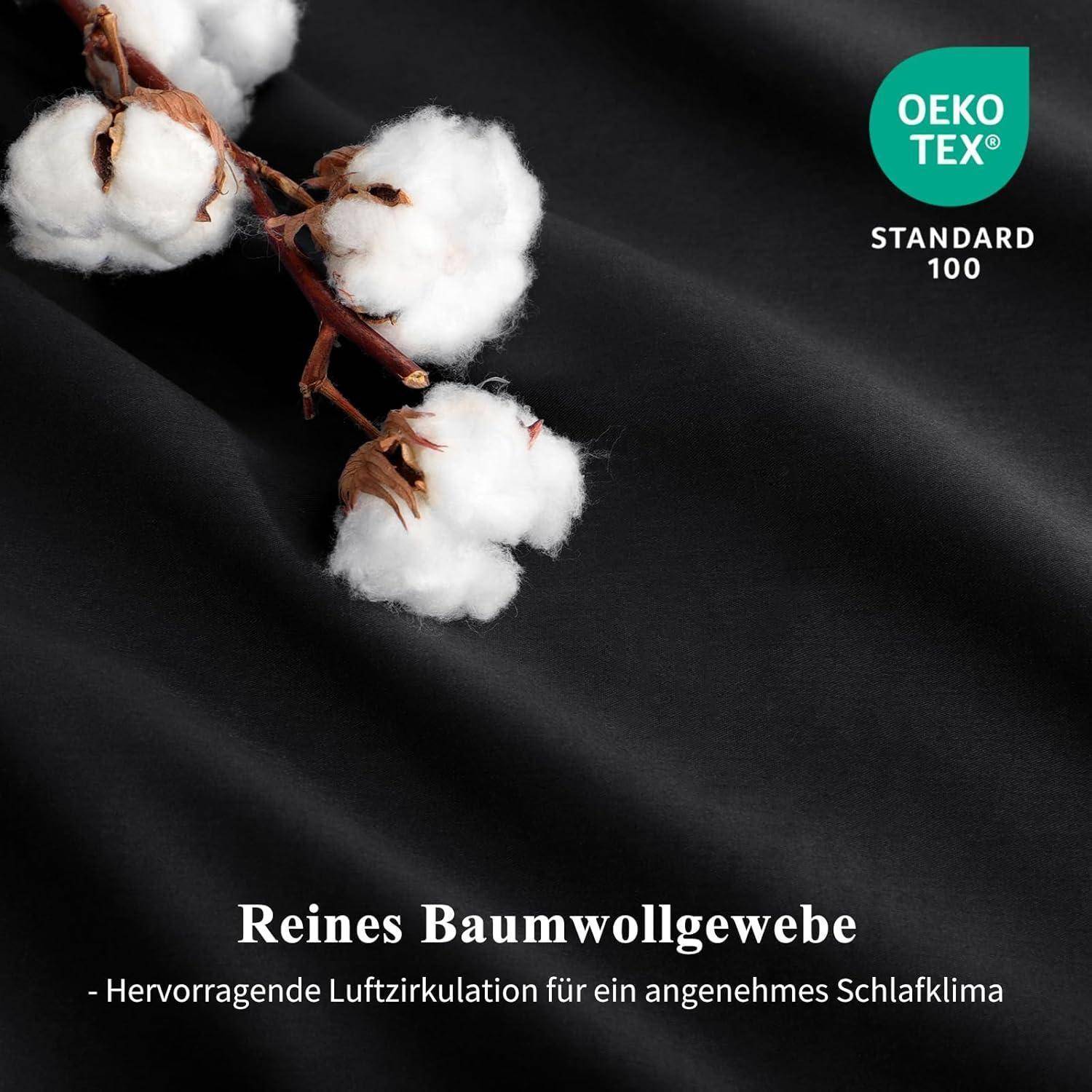 Baumwollpflanze auf schwarzem Stoff mit 'Reines Baumwollgewebe - Hervorragende Luftzirkulation für ein angenehmes Schlaferlebnis' und OEKO-TEX-Logo.