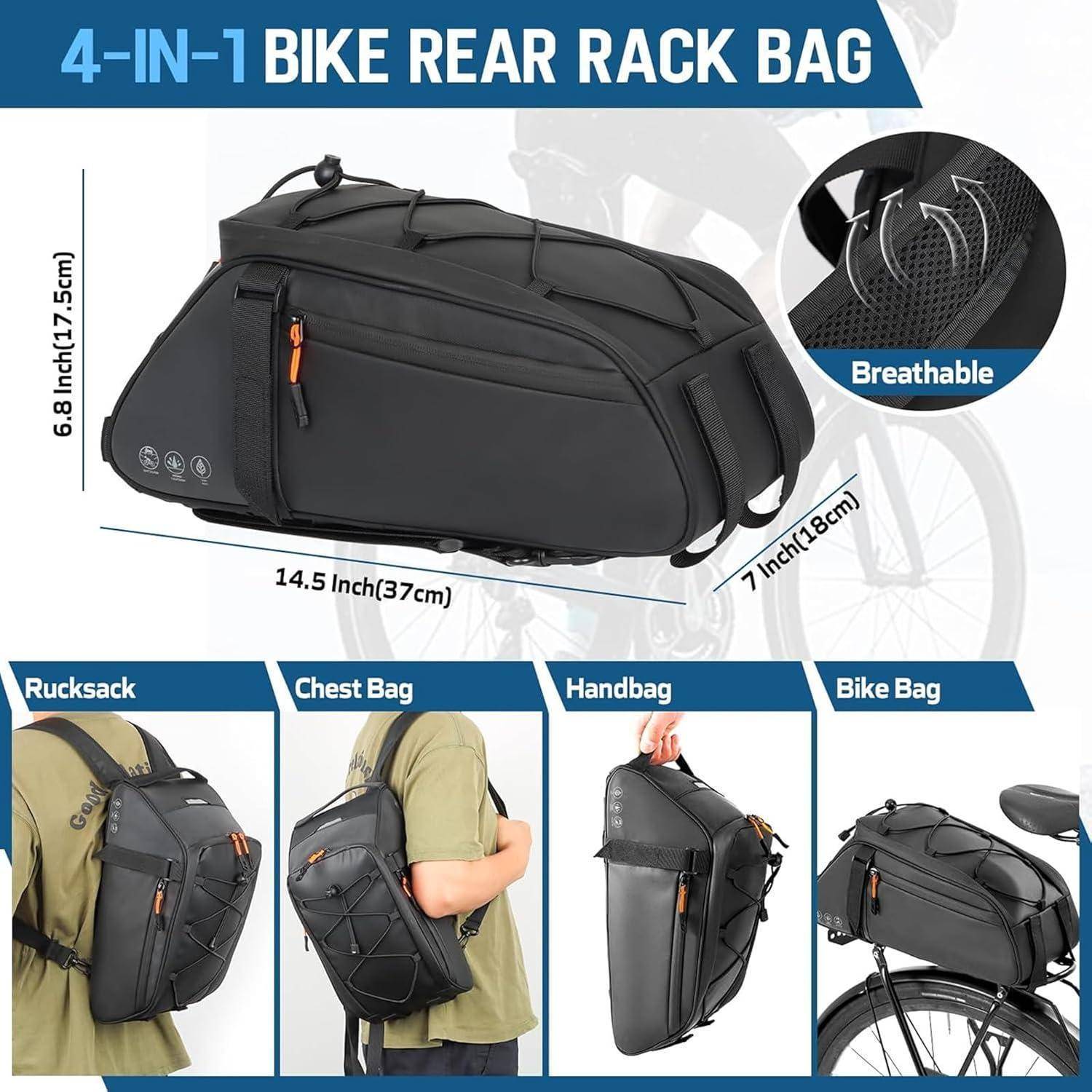 4-in-1 Fahrrad-Gepäckträger-Tasche mit Funktionen als Rucksack, Brusttasche, Handtasche und Fahrradtasche aus atmungsaktivem Material.