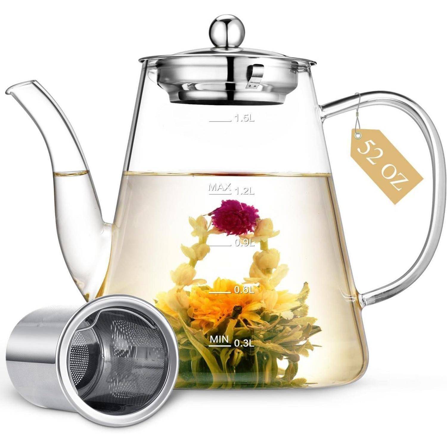 Teekanne Glas Borosilikatglas Teesieb Teeblumen Geschenkset 1500ML