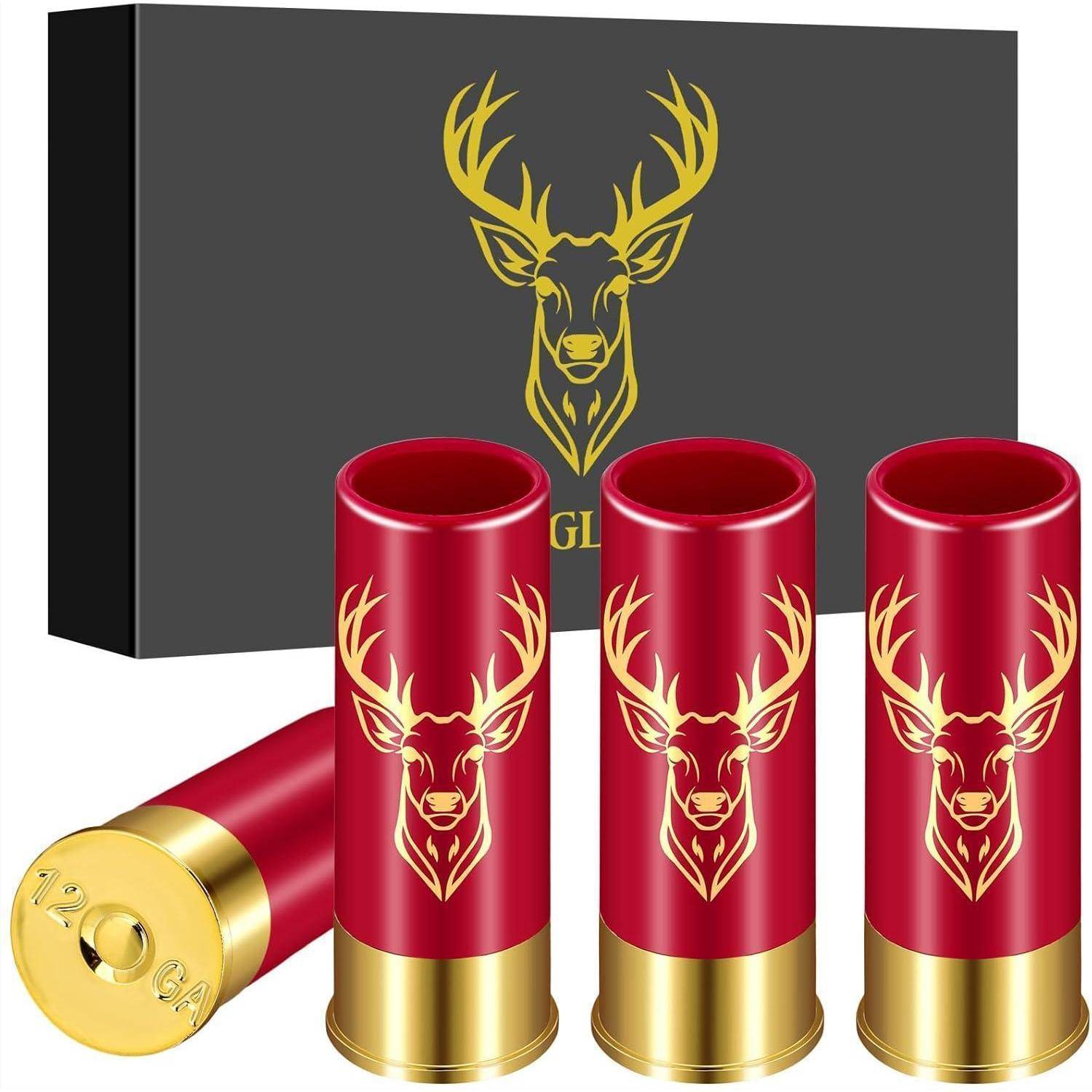Bild einer Schachtel und drei roten Schrotpatronen mit einem goldfarbenen Hirsch-Logo, beschriftet mit 12 GA.