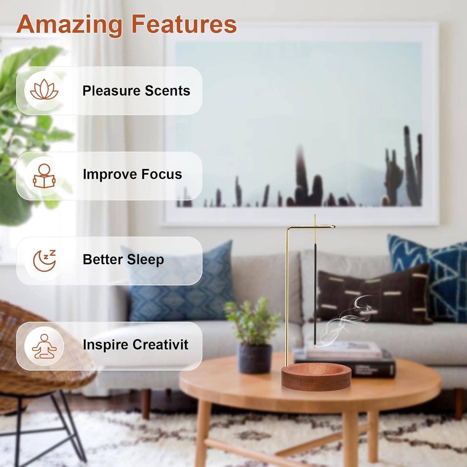 Das Bild zeigt ein Wohnzimmer mit einem runden Couchtisch und einem Diffuser. Der überlagerte Text listet Merkmale auf: Angenehme Düfte, Verbesserung der Konzentration, besserer Schlaf, Inspiration der Kreativität.