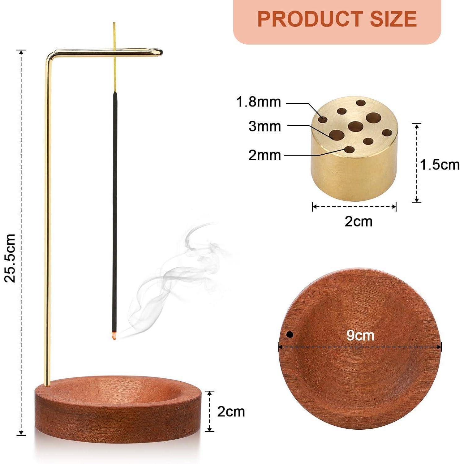 Produktgröße' Abbildung, die einen Weihrauchhalter zeigt. Enthält Maße: Stabhohe 25,5 cm, Holzsockel 9 cm Durchmesser, 2 cm hoch, Einsatz 2 cm.