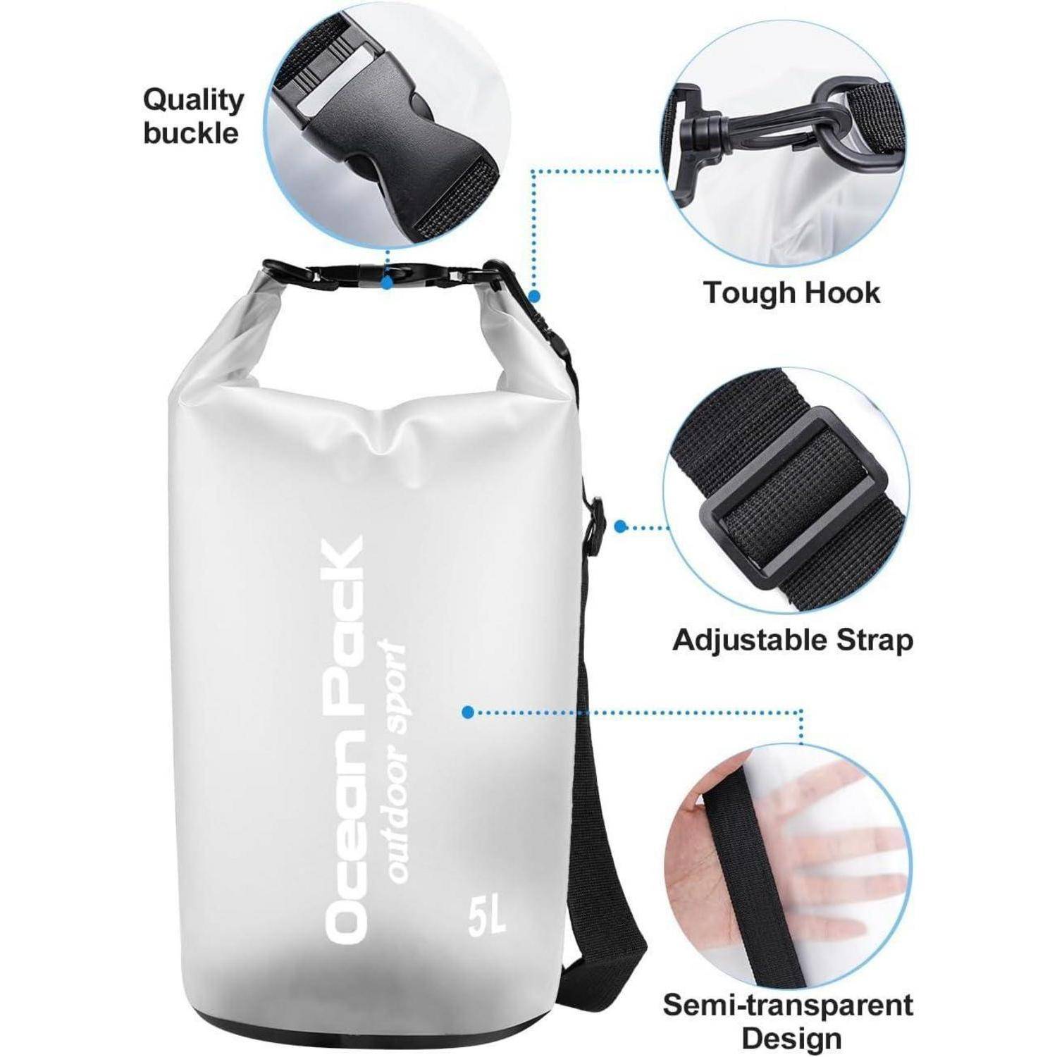 Wasserdichter Trockensack mit Aufdruck 'Ocean Pack, outdoor sport, 5L'. Er verfügt über eine hochwertige Schnalle, einen robusten Haken, einen verstellbaren Trageriemen und ein halb-transparentes Design.