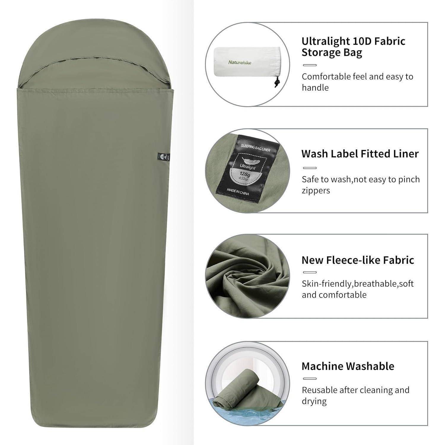 Hüttenschlafsack Ultralight Liner 128g Backpacking Hostels Grün