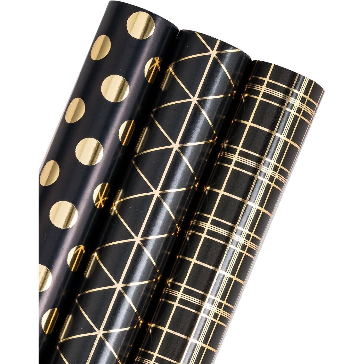 Geschenkpapierrolle 3 Rollen 43,2x3,05m Geometrie Gold und Schwarz