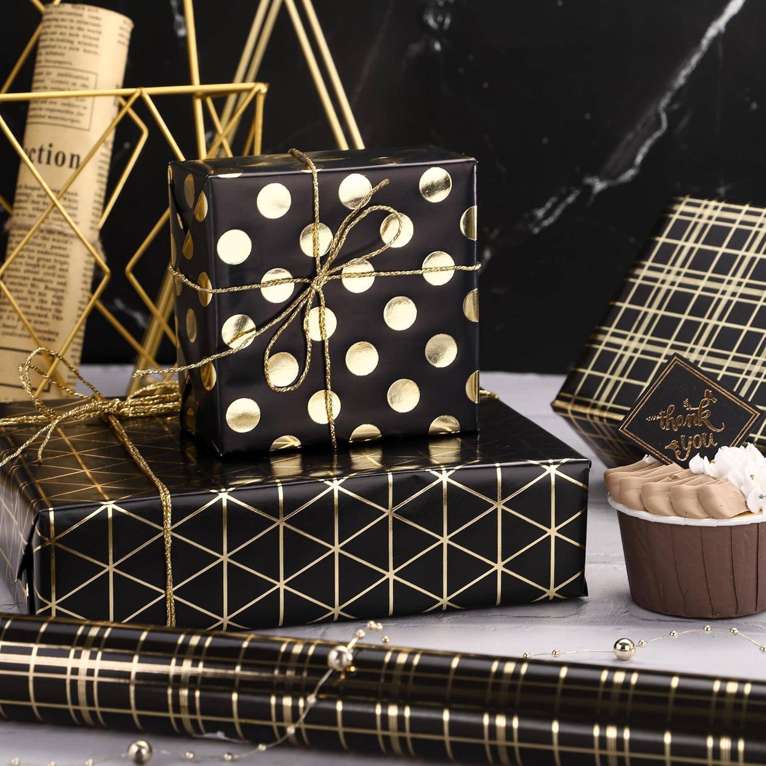 Geschenkpapierrolle 3 Rollen 43,2x3,05m Geometrie Gold und Schwarz