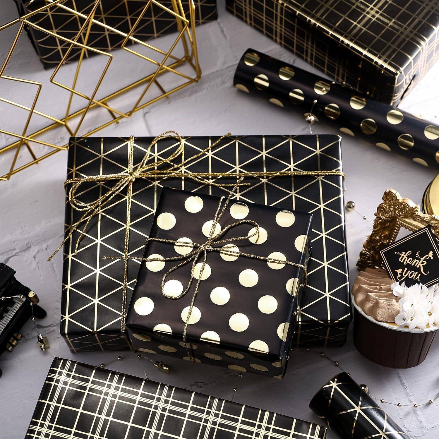 Geschenkpapierrolle 3 Rollen 43,2x3,05m Geometrie Gold und Schwarz
