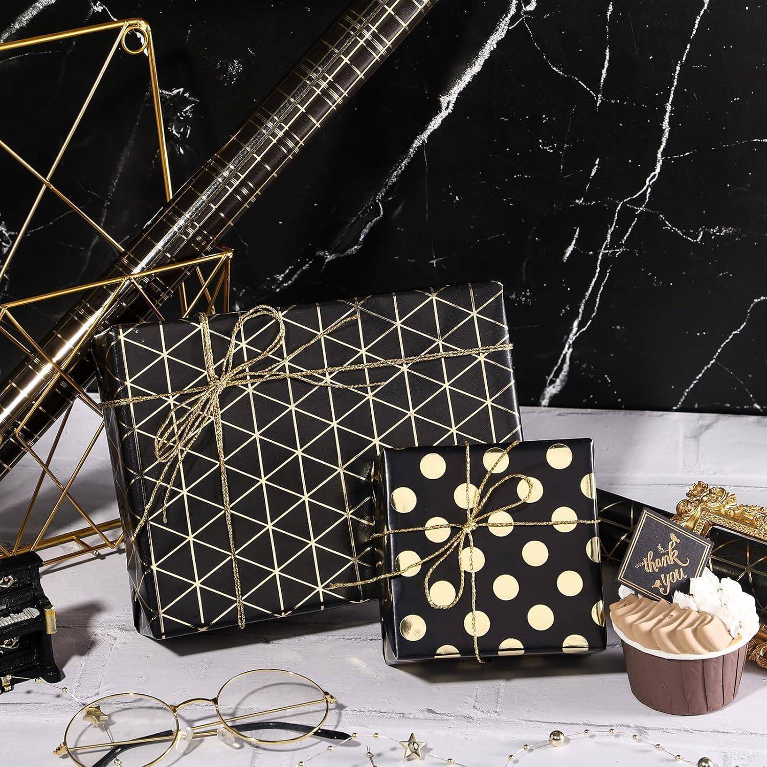 Geschenkpapierrolle 3 Rollen 43,2x3,05m Geometrie Gold und Schwarz