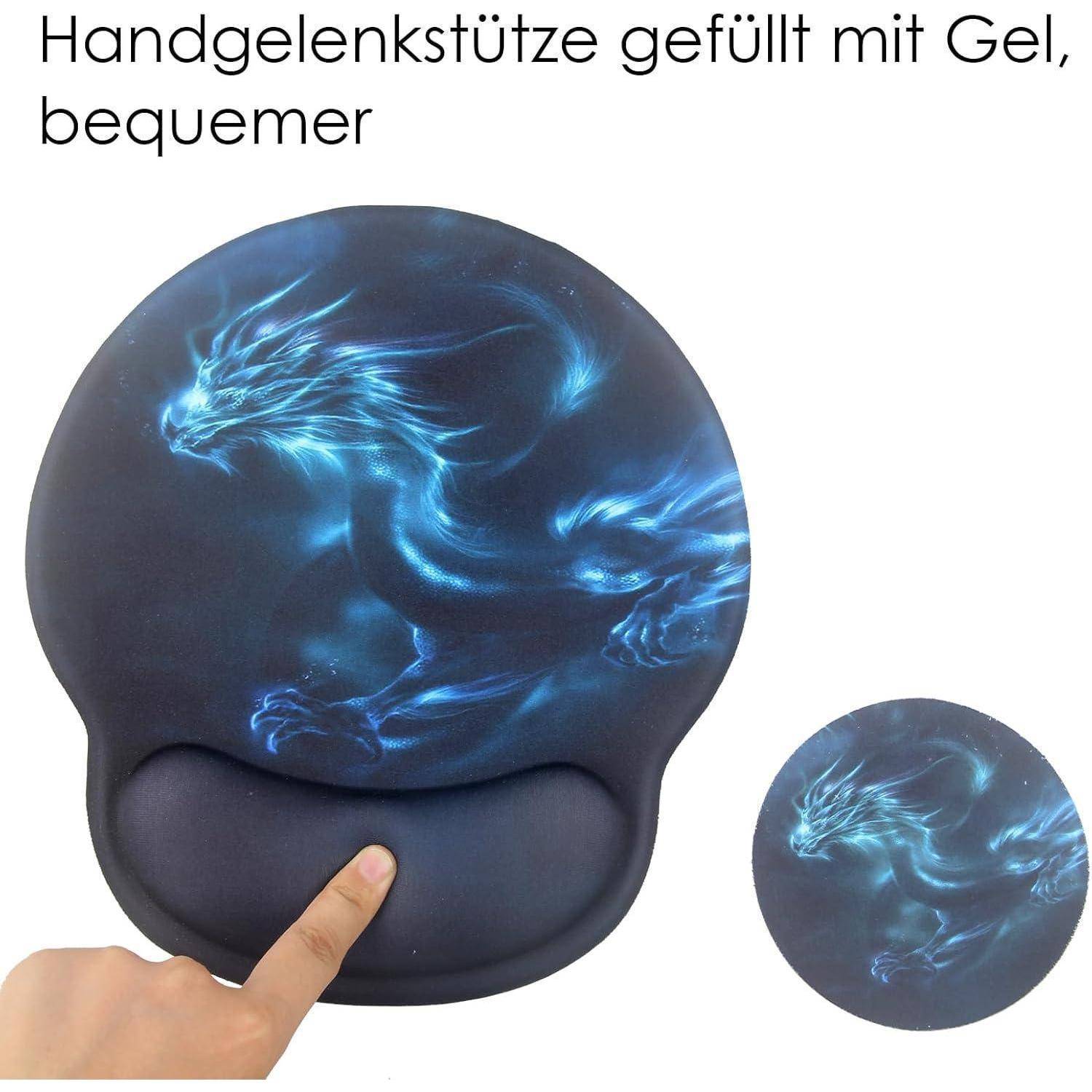 Handgelenkstütze gefüllt mit Gel, bequemer zeigt eine mit Gel gefüllte Handgelenkstütze mit einem leuchtend blauen Drachendesign und einem Finger, der darauf drückt.
