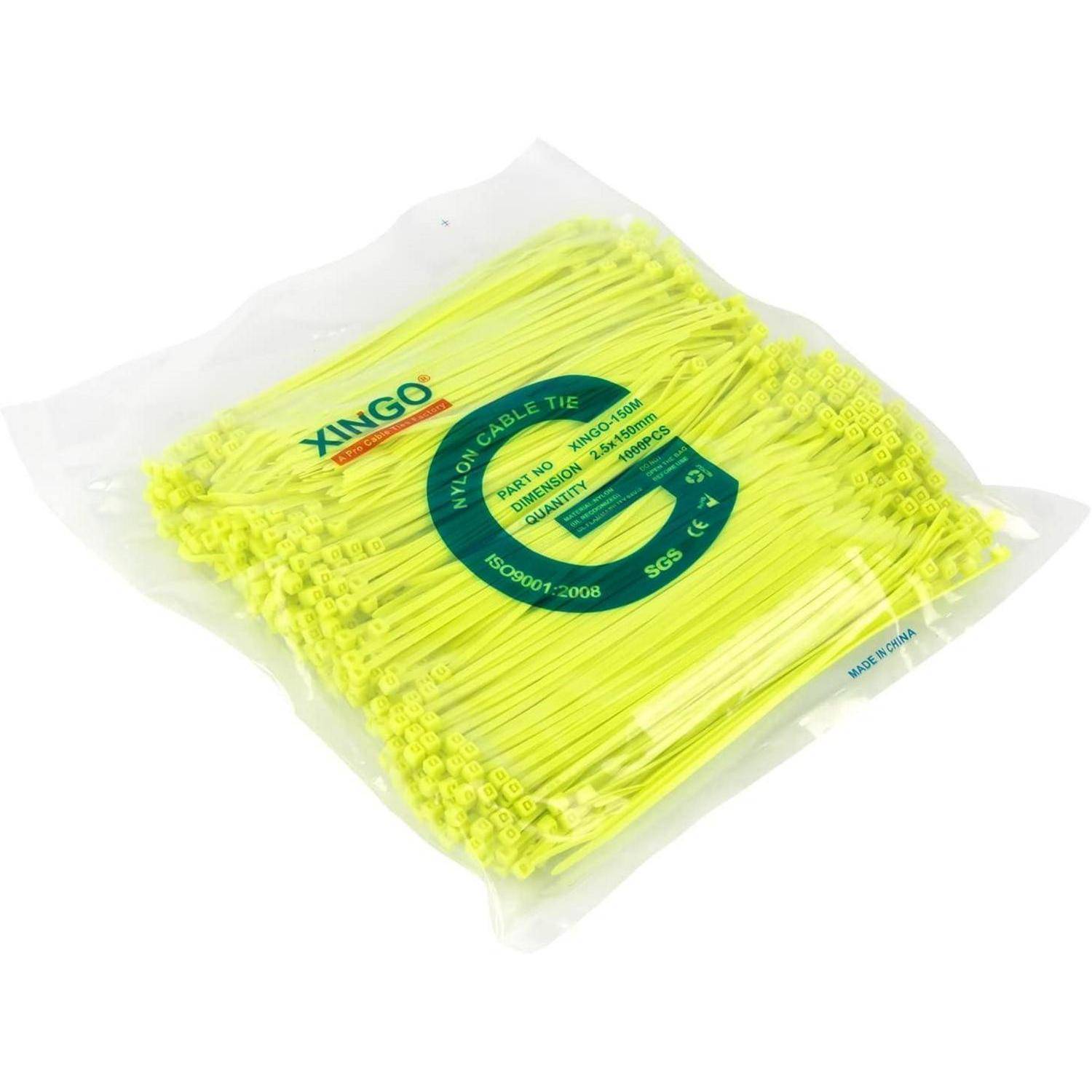 Ein Paket gelber Nylon-Kabelbinder mit der Aufschrift 'XINGO', in der Größe '3x100mm', in einer durchsichtigen Plastiktüte, geeignet zum Zusammenbündeln von Kabeln.