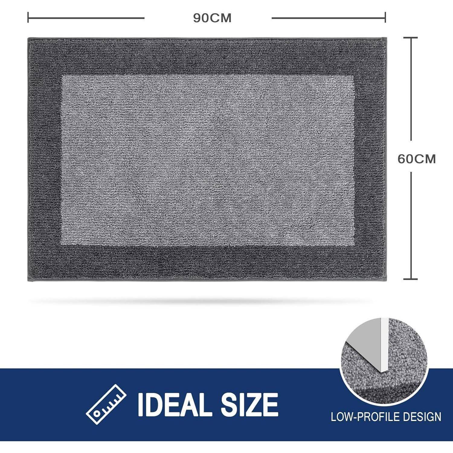 Eine rechteckige graue Matte mit den Maßen 90 cm x 60 cm verfügt über ein flaches Design und besitzt einen auffälligen Rand in einem helleren Grauton.