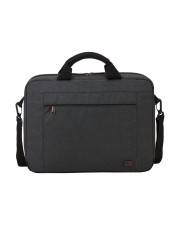 Eine schwarze Laptoptasche mit einer Reißverschlusstasche vorne, Tragegriffen und einem abnehmbaren Schultergurt.