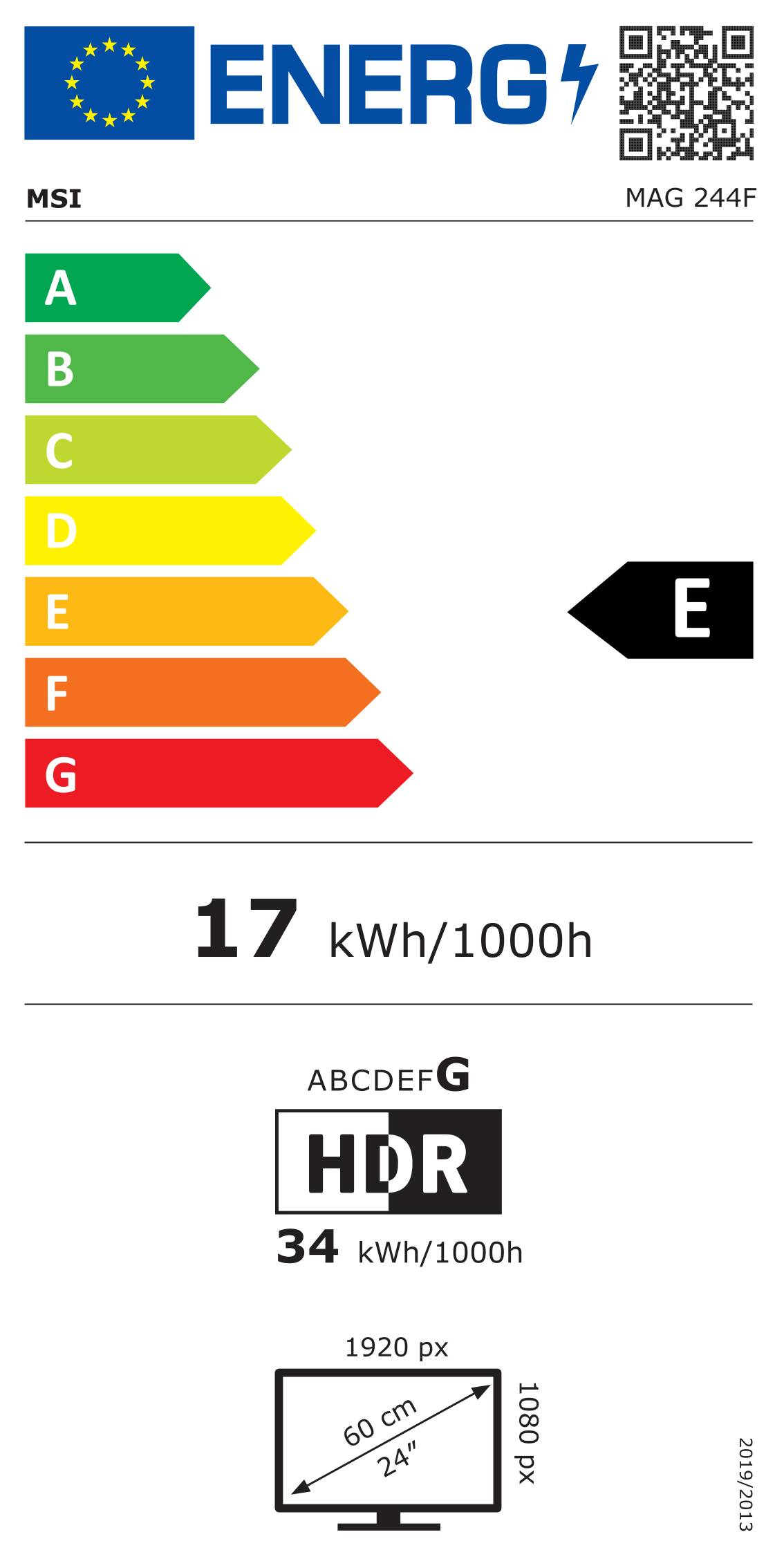 Energieeffizienzlabel mit einer Skala von A bis G; hervorgehobene Stufe ist 'E'. Jährlicher Energieverbrauch beträgt 17 kWh pro 1000 Stunden.