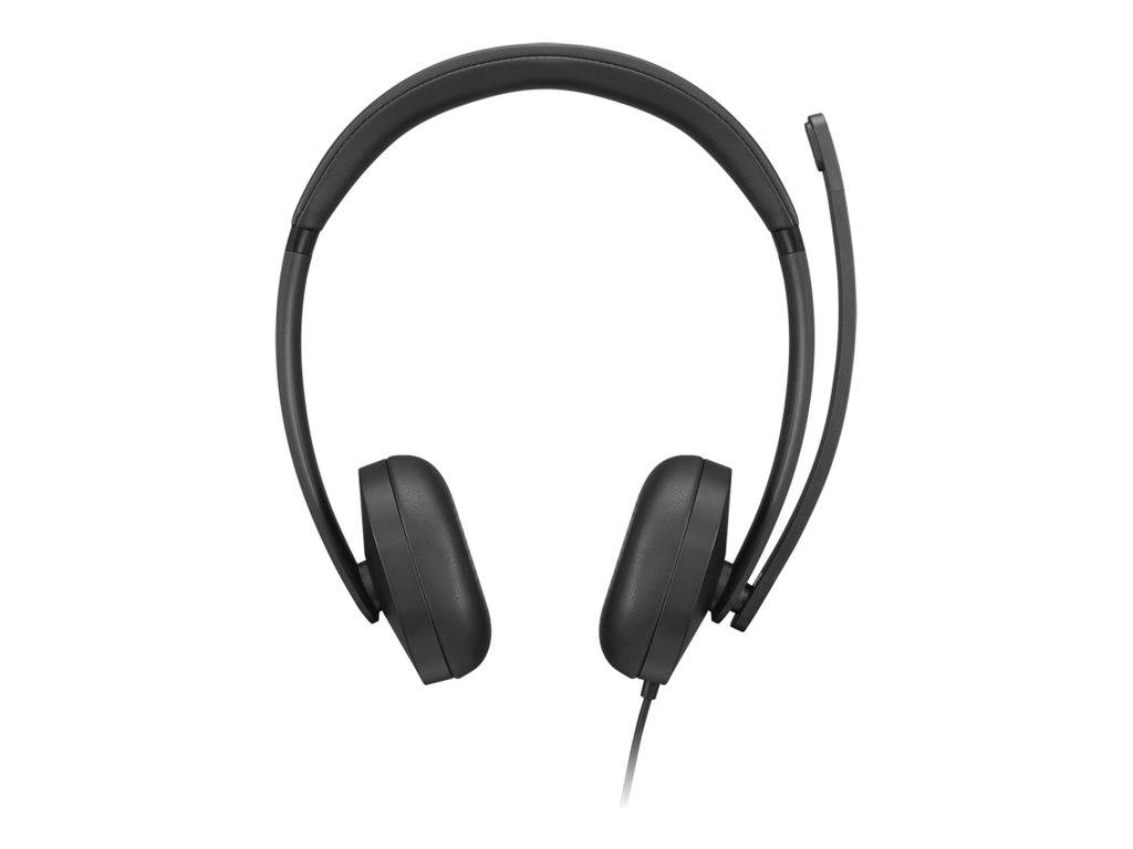 Schwarzes Over-Ear-Kopfhörer-Set mit Kabel und Boom-Mikrofon auf weißem Hintergrund.