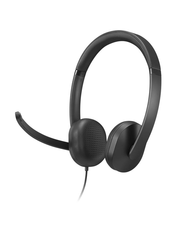Schwarzes Over-Ear-Headset mit gepolstertem Kopfbügel und Boom-Mikrofon auf schwarzem Hintergrund.