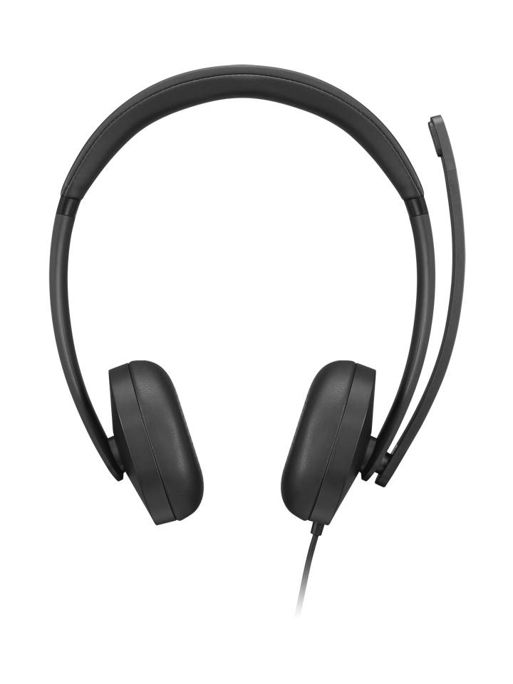 Schwarzes Over-Ear-Headset mit angebrachtem Boom-Mikrofon auf einfarbigem schwarzem Hintergrund.
