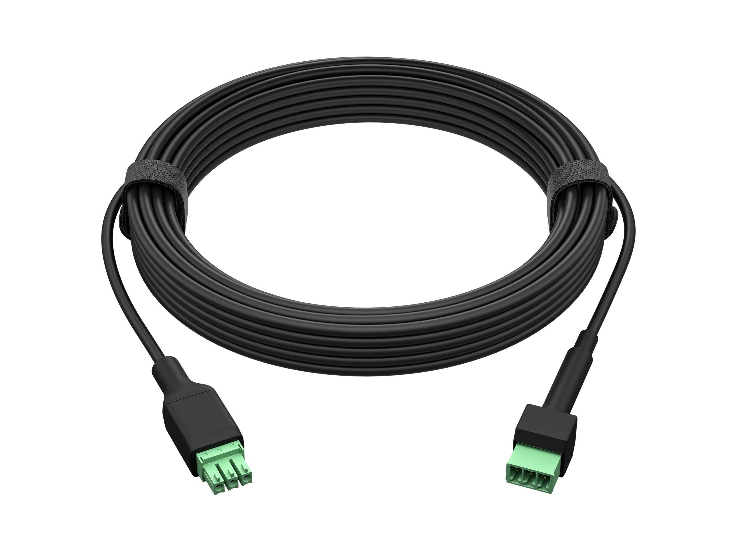 Ein gewickeltes schwarzes USB-Kabel mit grünen Anschlüssen an beiden Enden, gesichert mit einem schwarzen Klettverschluss.