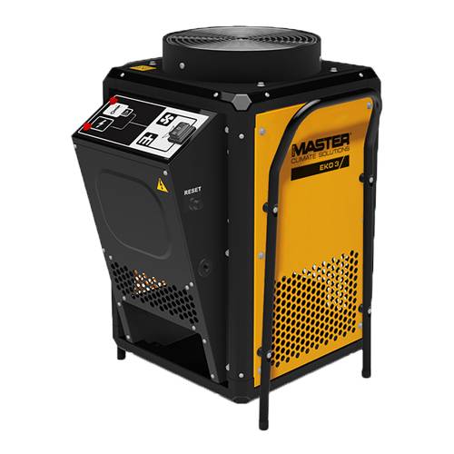 Elektroheizkörper mit Bedienfeld und 'Master Climate Solutions' Branding. Aufrechte Konstruktion, geeignet für industrielle Anwendungen.