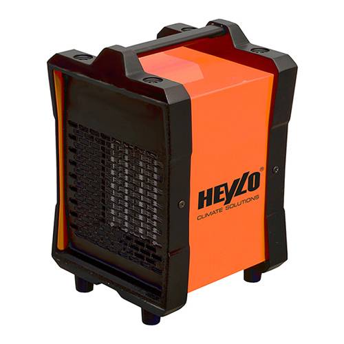 Ein orangefarbener Heizlüfter mit schwarzen Kanten, mit der Aufschrift 'HEV20 Climate Solutions', entwickelt für Klimaregulierung, vor weißem Hintergrund.