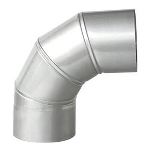 Ein glänzender Metallauspuffbogen mit 90-Grad-Winkel, konzipiert für Belüftungssysteme, mit glatten, reflektierenden Oberflächen.