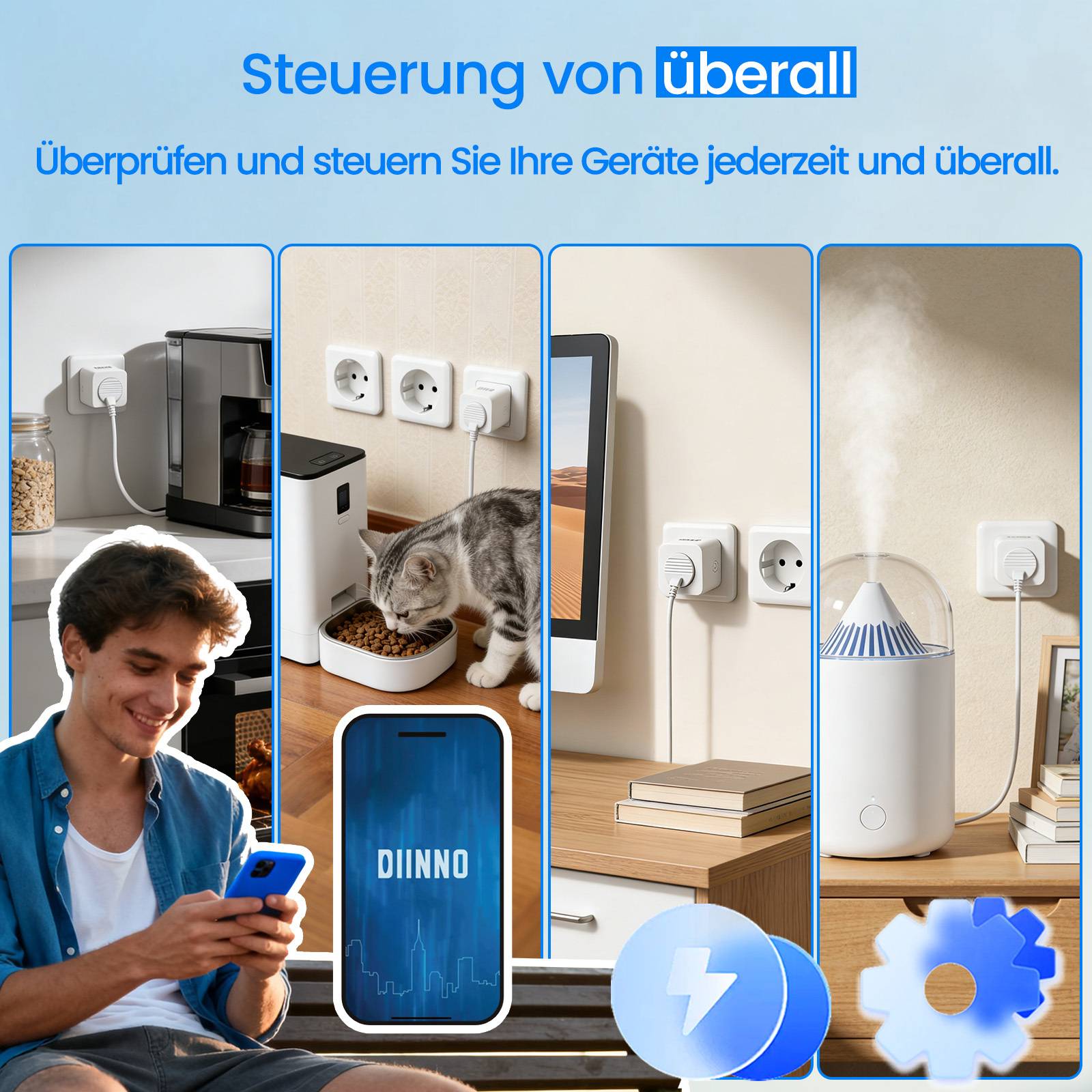 DIINNO 16A Smart Steckdose mit Energie Monitor - Wi-Fi Steckdose mit Timer & Sprachsteuerung, Überspannungsschutz für Zuhause/Büro, 4er-Pack